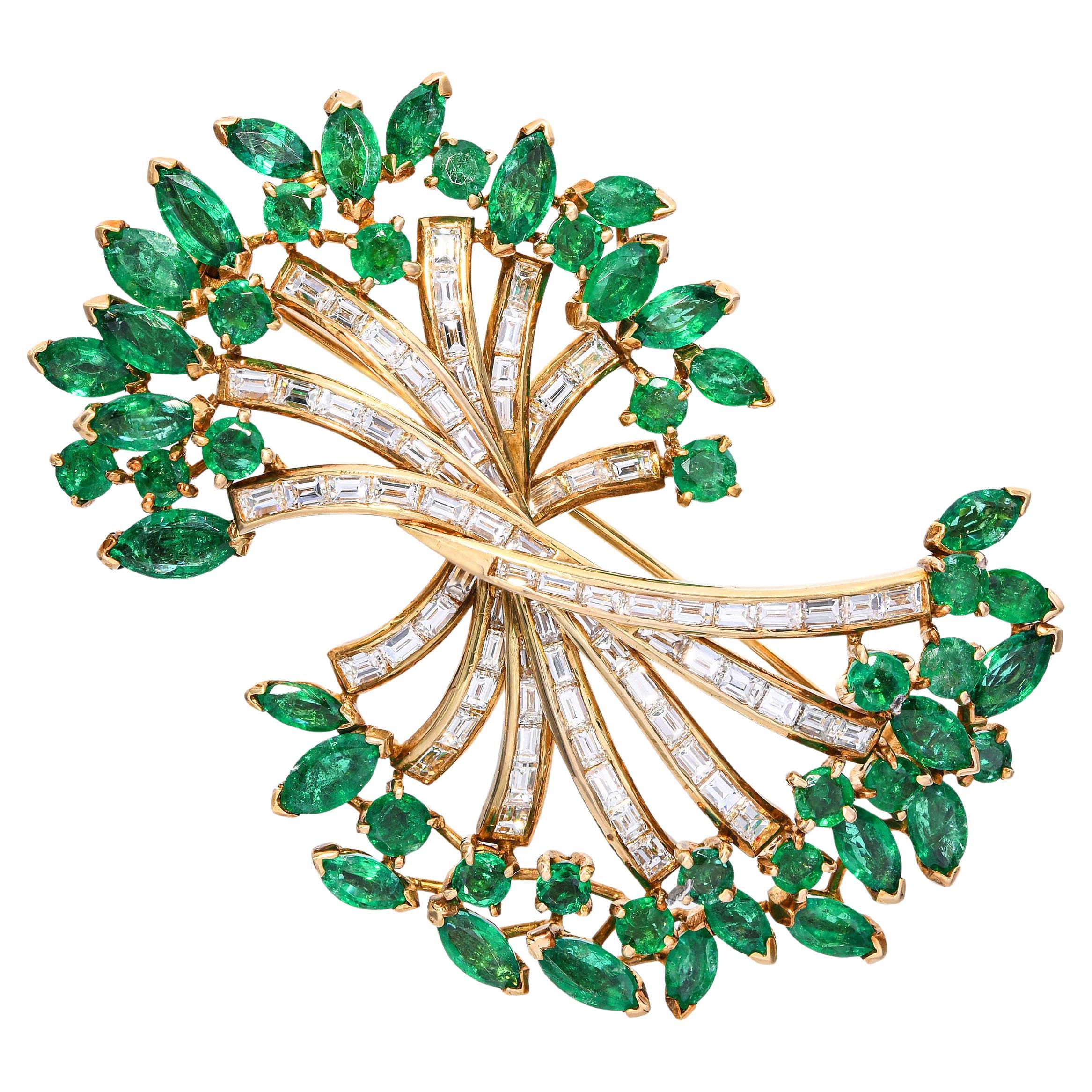 Vintage 18k Yellow Gold Emerald and Diamond Foliage Brooch