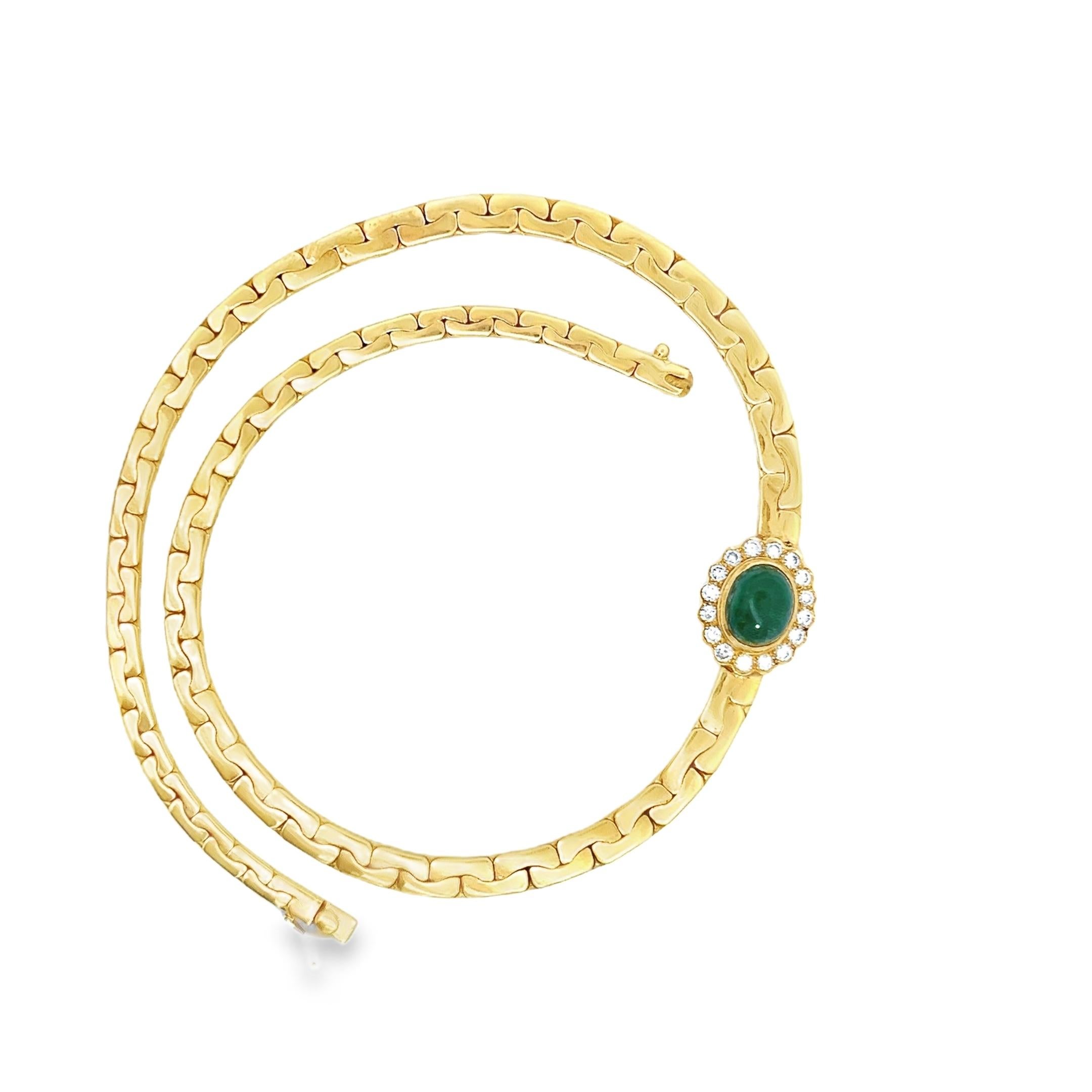 Cabochon Vintage 18K Yellow Gold Emerald and Diamond Pendant Chain Necklace For Sale