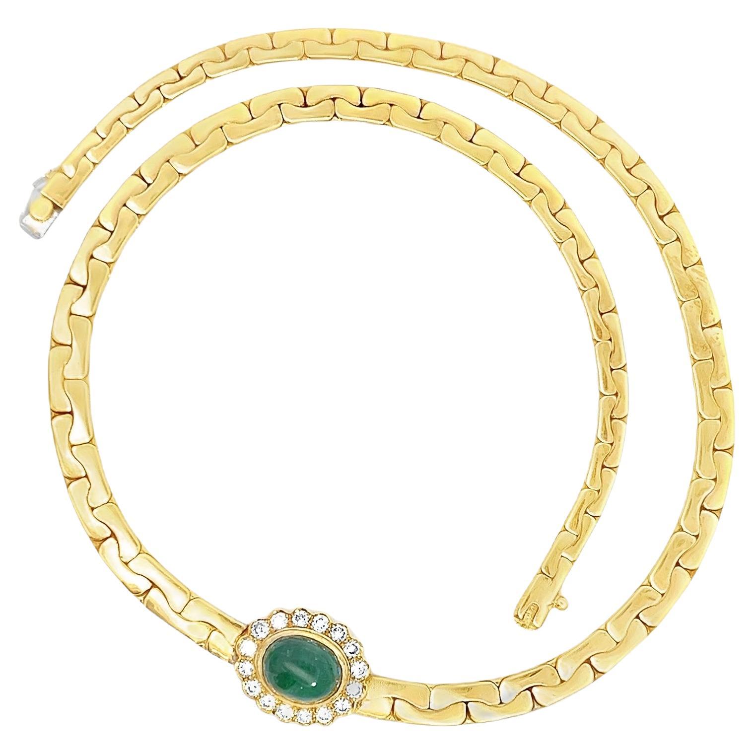 Vintage 18K Yellow Gold Emerald and Diamond Pendant Chain Necklace