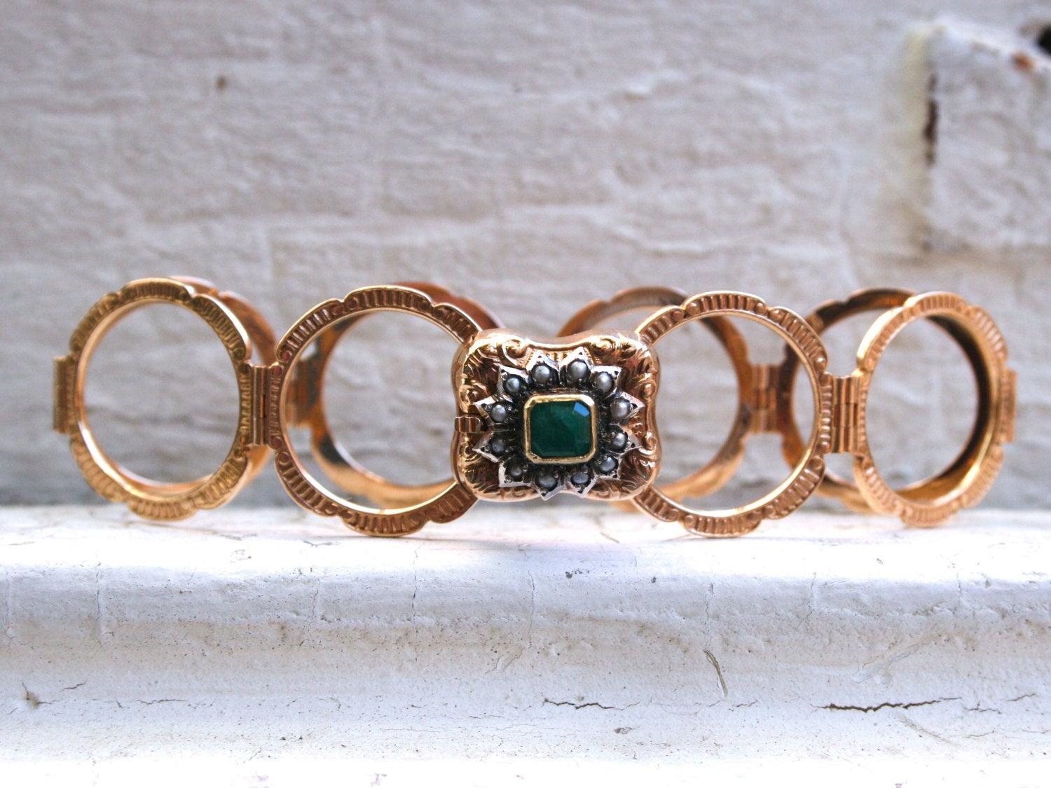 Victorian Vintage 18 Karat Yellow Gold Emerald and Pearl Ring/ Bracelet For Sale