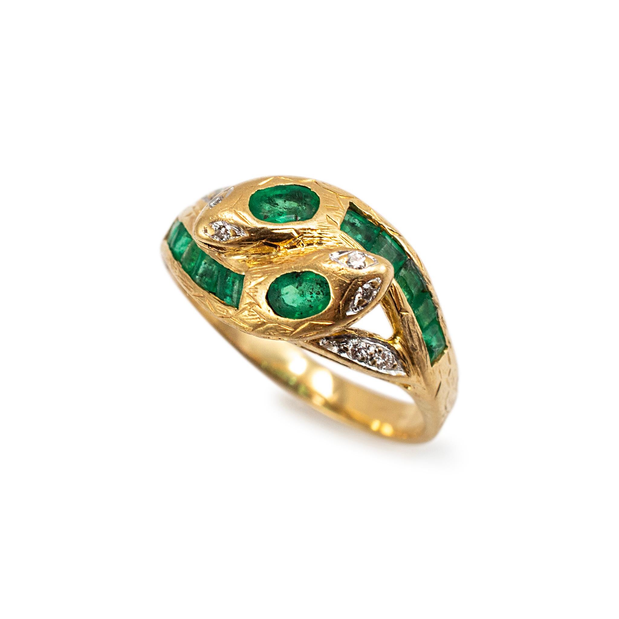 Gender: Ladies

Metal Type: 18K Yellow Gold

Size:  6.25 

Width: 2.75 mm

Weight: 4.79 grams

Ladies handmade filigreed 18K yellow gold vintage, diamond and emerald cocktail, dinner ring with a half round shank.  Engraved with 