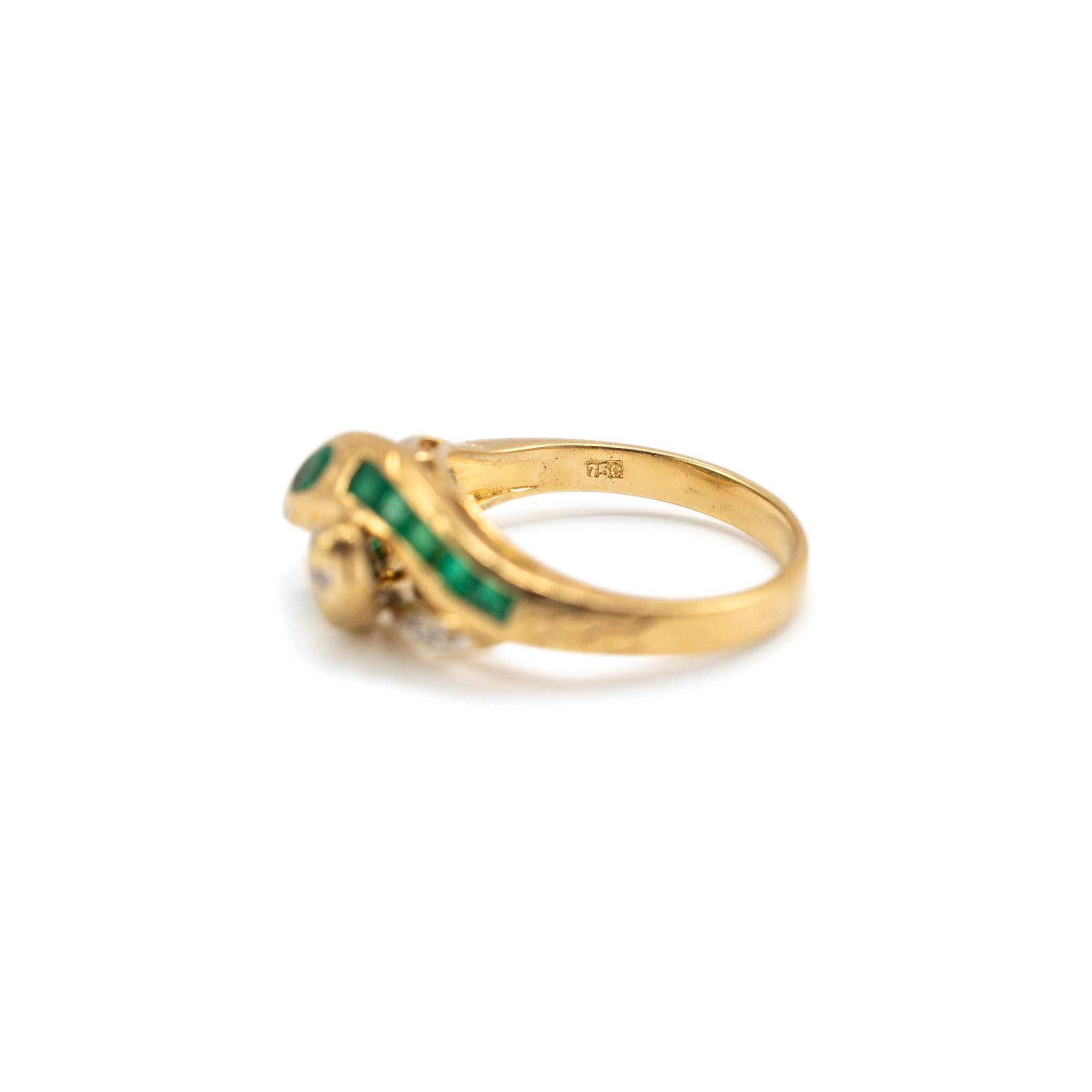 Vintage 18K Yellow Gold Emerald Diamond Bypass Double Snake Cocktail Ring For Sale 2