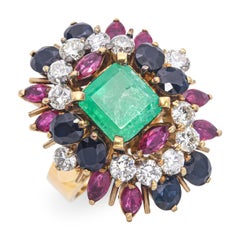 Vintage 18k Yellow Gold Emerald, Diamond, Sapphire, and Ruby Cluster Ring