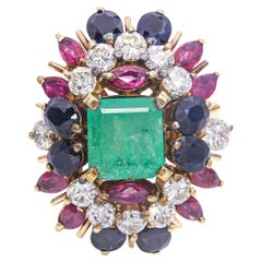 Vintage 18k Yellow Gold Emerald, Diamond, Sapphire, and Ruby Cluster Ring