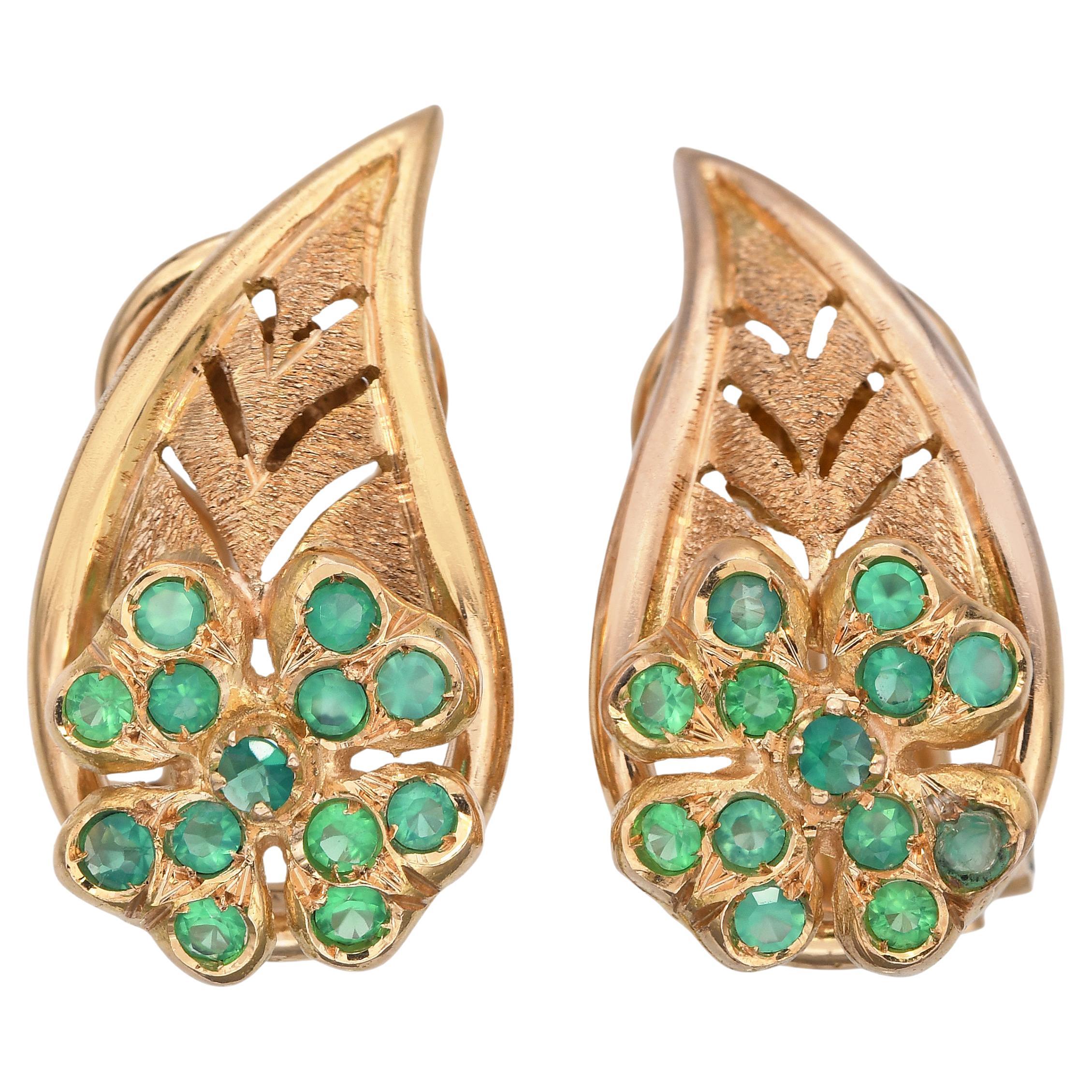 Vintage 18k Yellow Gold Emerald Four Leaf Clover Omega Back Earrings