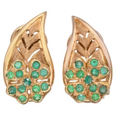 Vintage 18k Yellow Gold Emerald Four Leaf Clover Omega Back Earrings