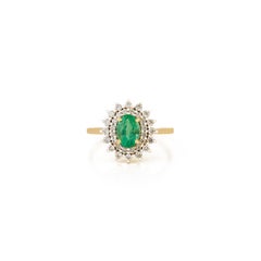 Vintage 18k Yellow Gold Emerald & Halo Diamond Cluster engagement Ring for Women