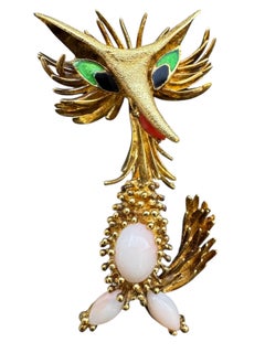 Vintage 18K Yellow Gold Enamel and Coral Fox Brooch