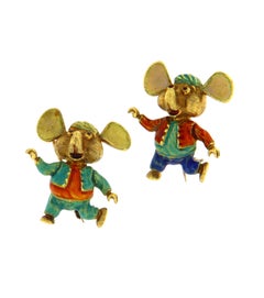 Vintage 18K Yellow Gold Enamel Brooch Topo Gigio
