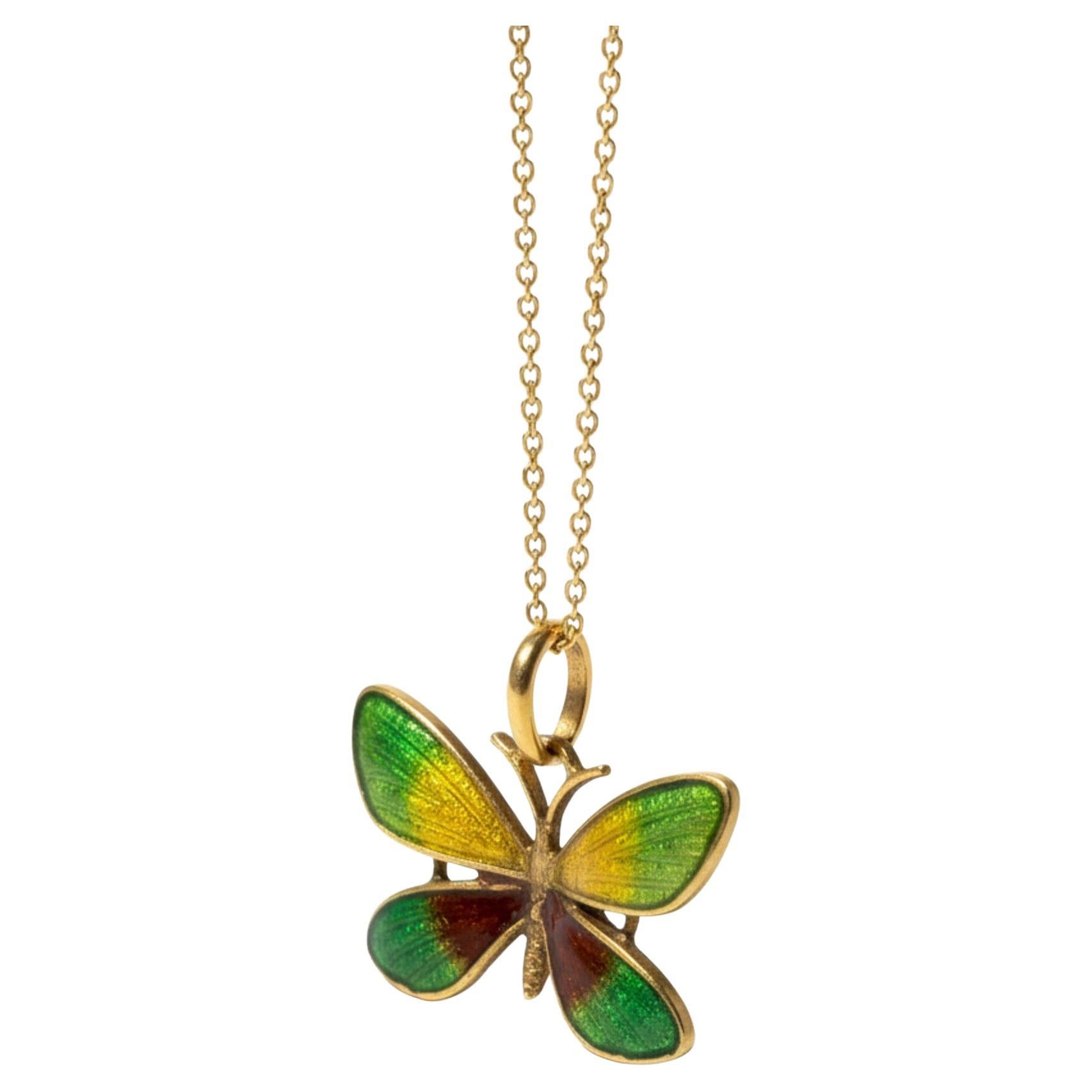 Vintage 18K Yellow Gold Enamel Butterfly Pendant Necklace For Sale