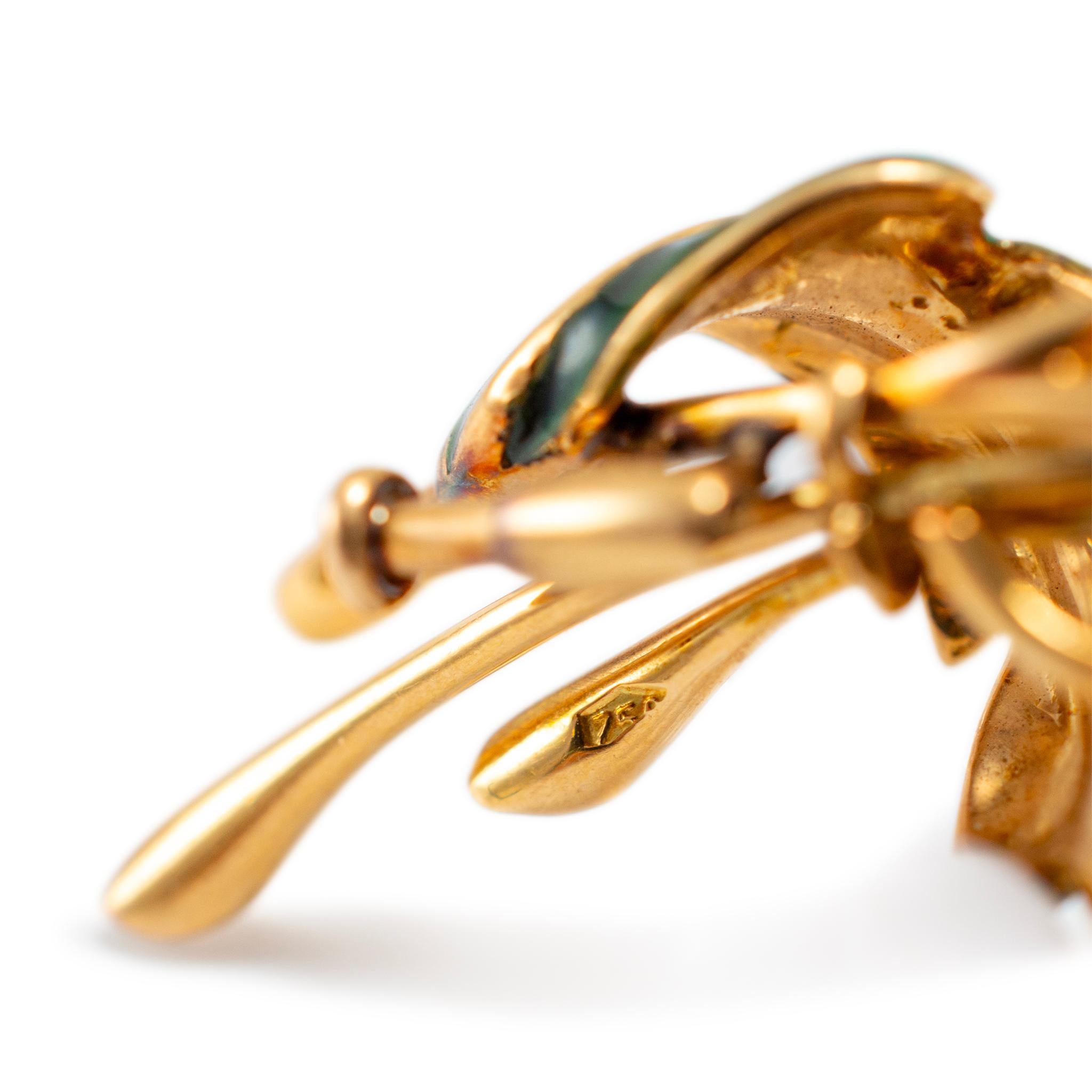 Vintage 18K Gelbgold Emaille Diamant Rubin Smaragd Blume Brosche im Zustand „Hervorragend“ in Houston, TX