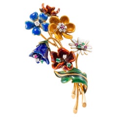 Vintage 18K Gelbgold Emaille Diamant Rubin Smaragd Blume Brosche