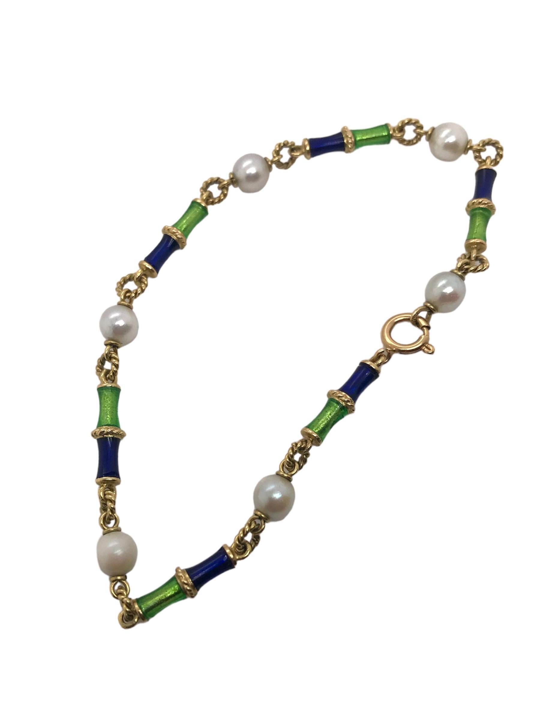 Contemporary Vintage 18K Yellow Gold Enamel & Pearl Bracelet