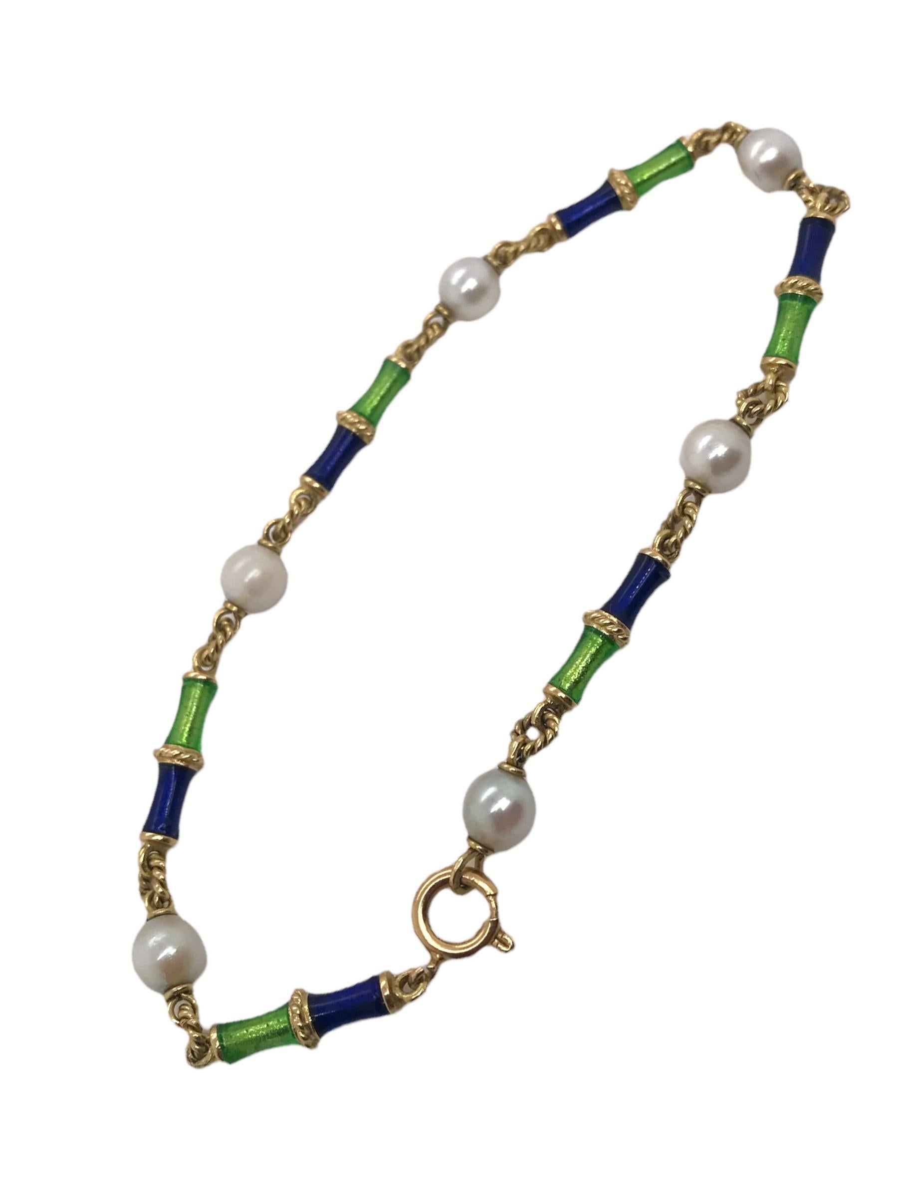 Round Cut Vintage 18K Yellow Gold Enamel & Pearl Bracelet For Sale