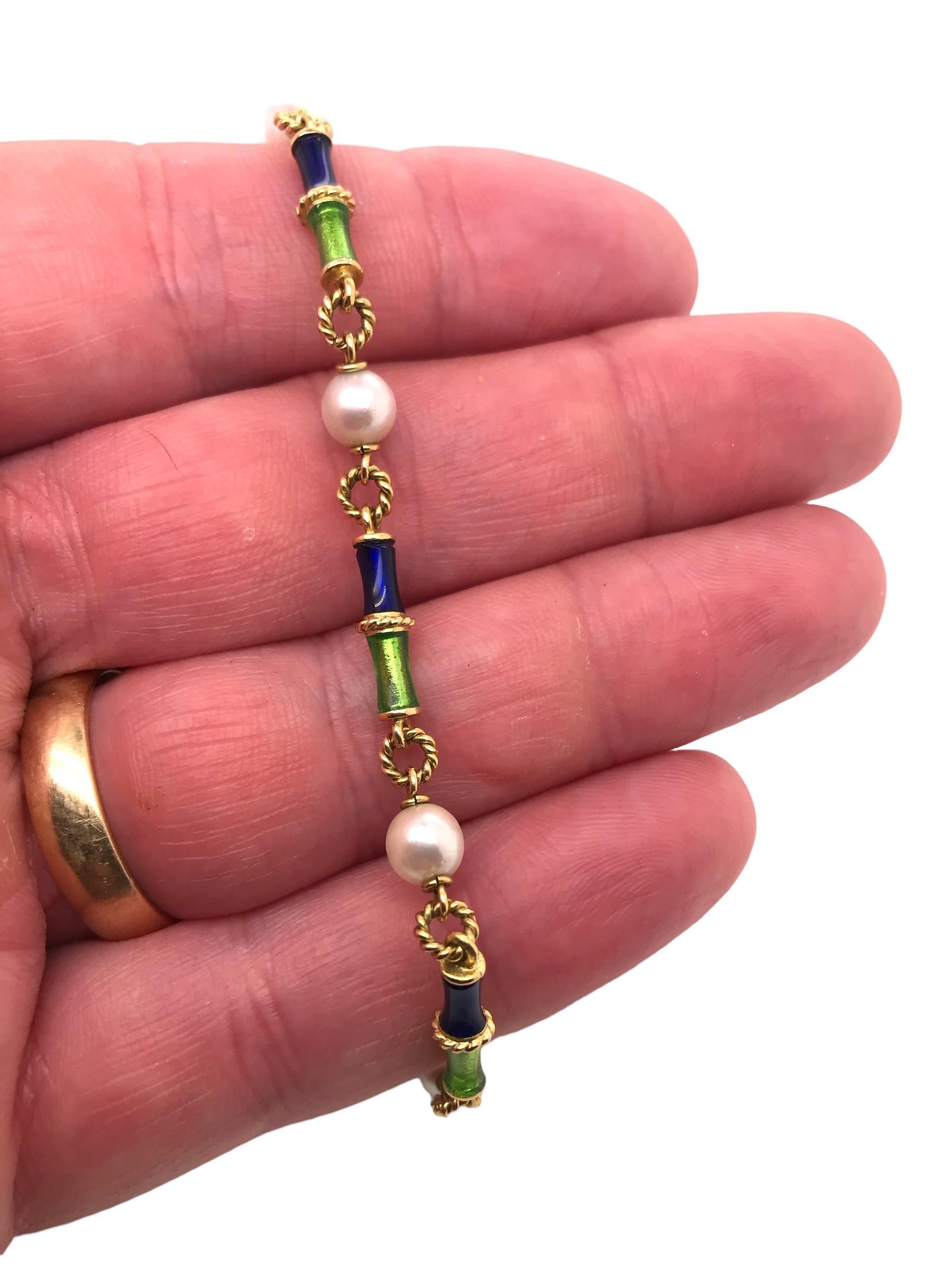 Women's Vintage 18K Yellow Gold Enamel & Pearl Bracelet For Sale