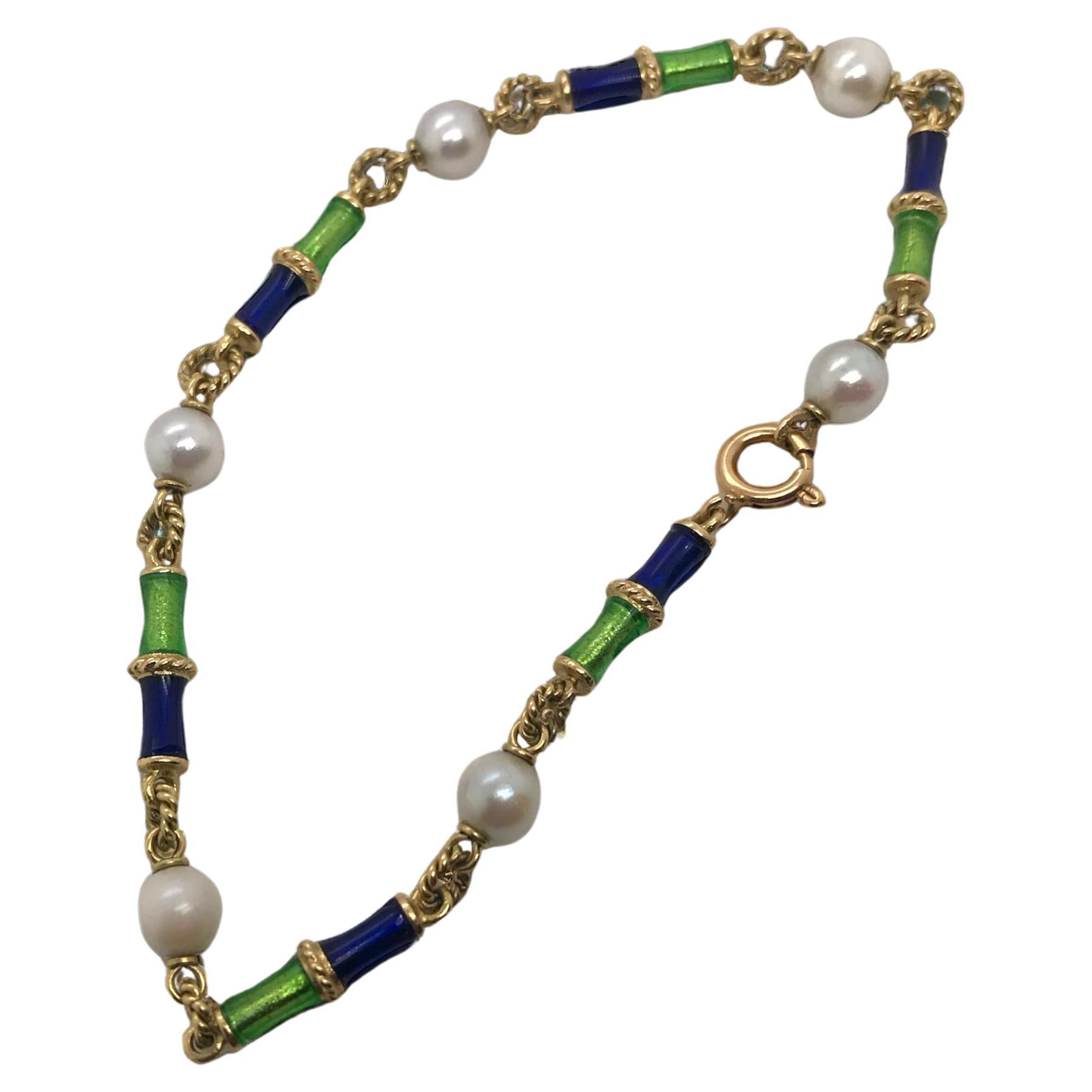 Bracelet vintage en or jaune 18 carats, émail et perles