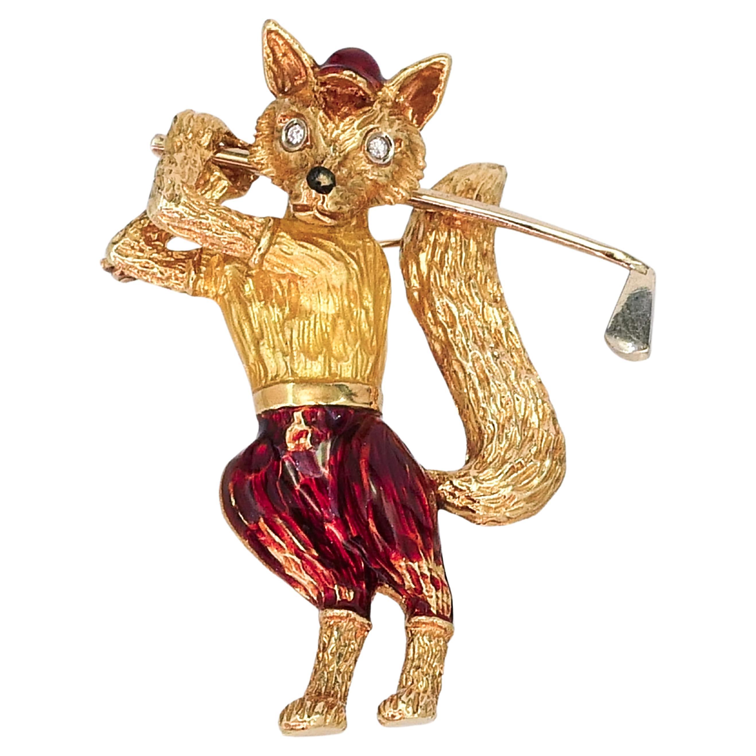 Vintage 18k Yellow Gold Enameled Fox Golf Natural Diamond Brooch i15772 For Sale
