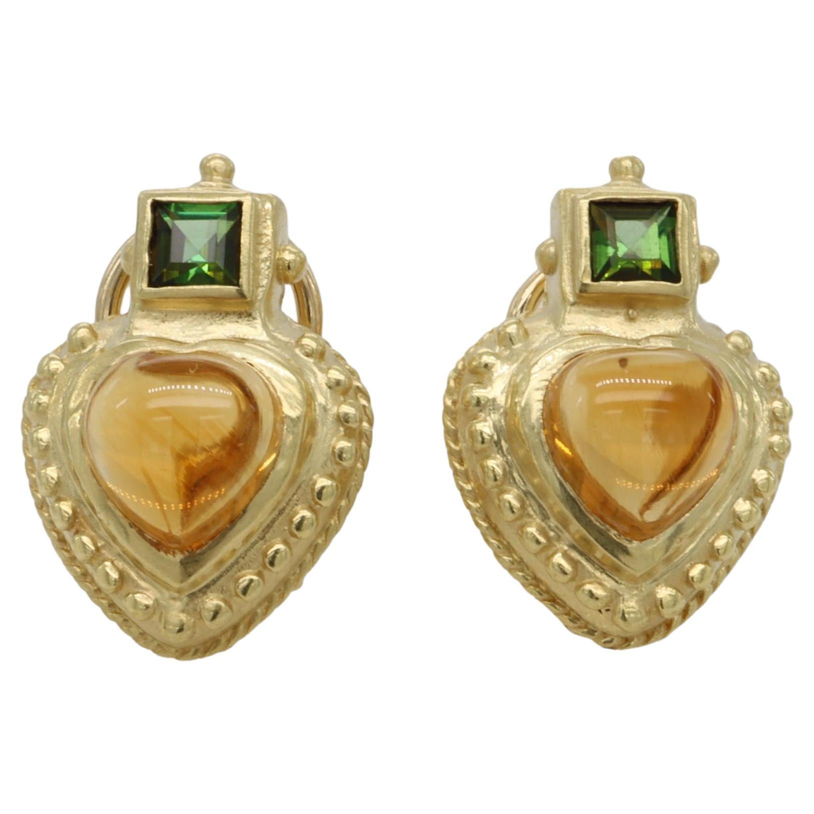 Vintage 18K Yellow Gold Etruscan Citrine and Tourmaline Clip Earrings