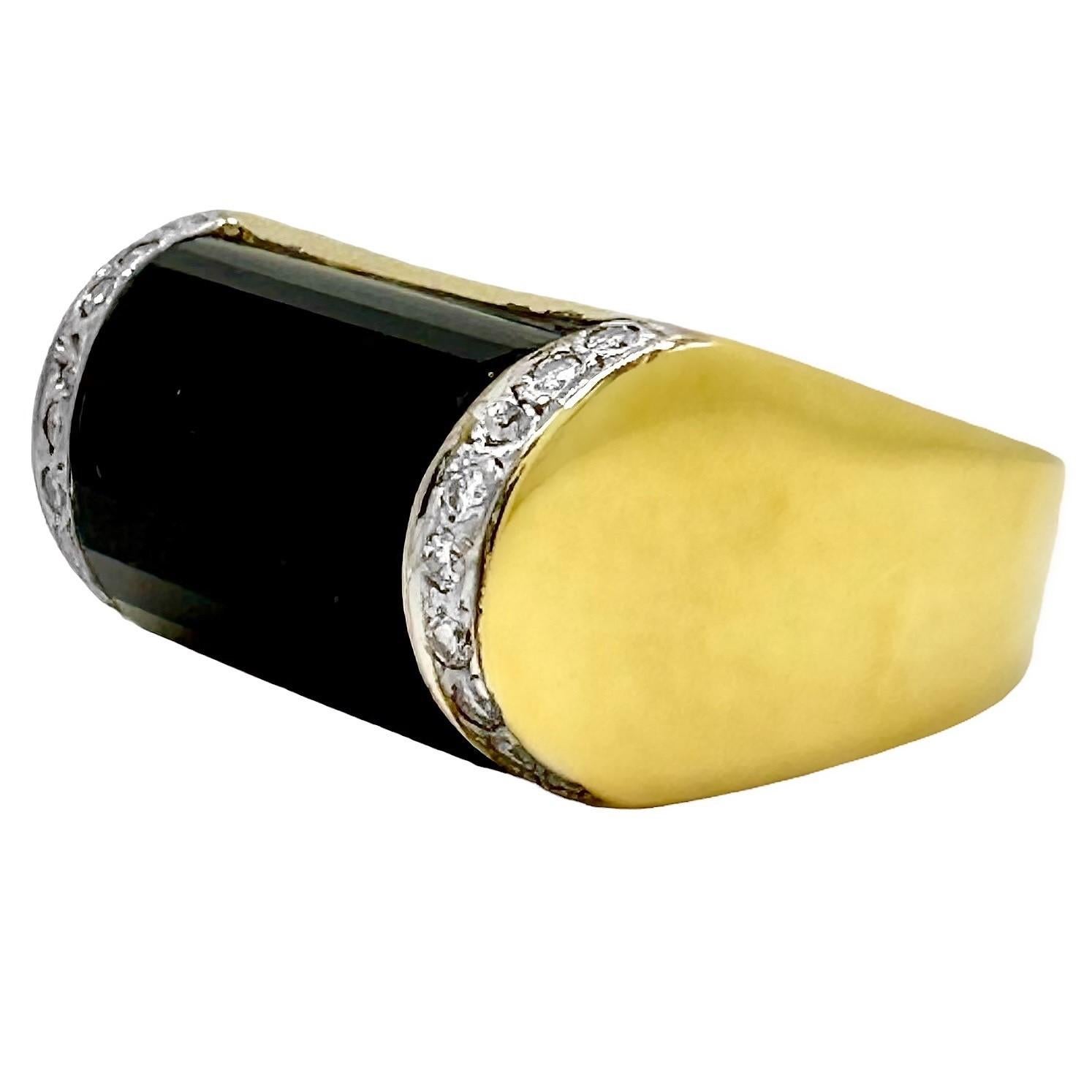 Women's Vintage 18k Yellow Gold, Faceted Onyx and Diamond, American Fashion Ring For Sale