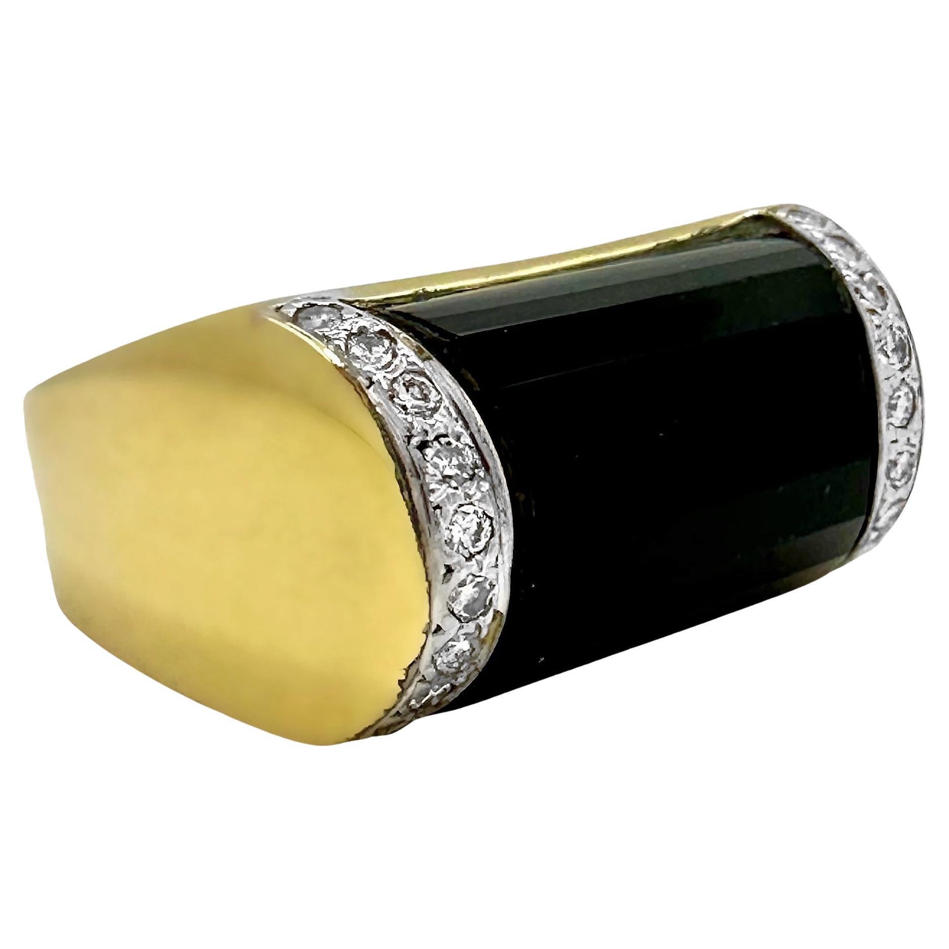 Vintage 18k Yellow Gold, Faceted Onyx and Diamond, American Fashion Ring For Sale