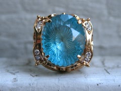 Vintage 18 Karat Yellow Gold Fantasy Cut Blue Topaz and Diamond Ring 22.71 Carat