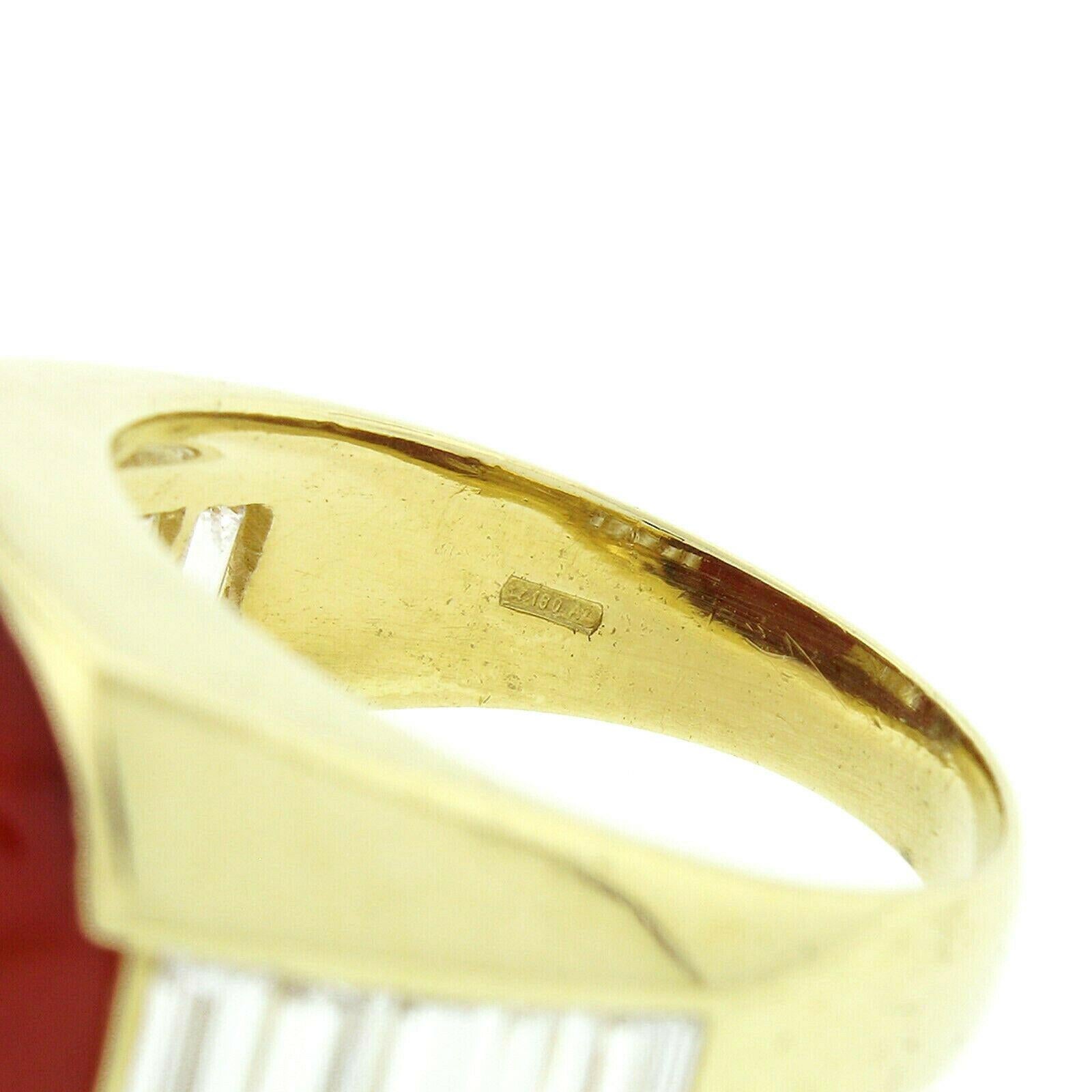 Vintage 18 Karat Gold Fine GIA Cabochon Orangy Red Coral Baguette Diamond Ring For Sale 2