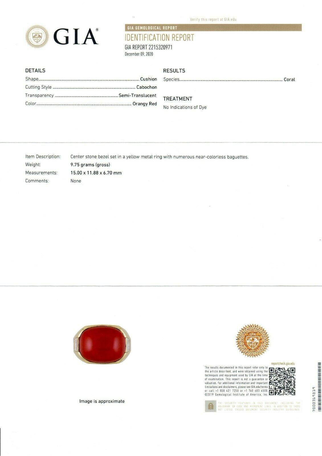 Vintage 18 Karat Gold Fine GIA Cabochon Orangy Red Coral Baguette Diamond Ring For Sale 4