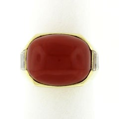 Vintage 18 Karat Gold Fine GIA Cabochon Orangy Red Coral Baguette Diamond Ring