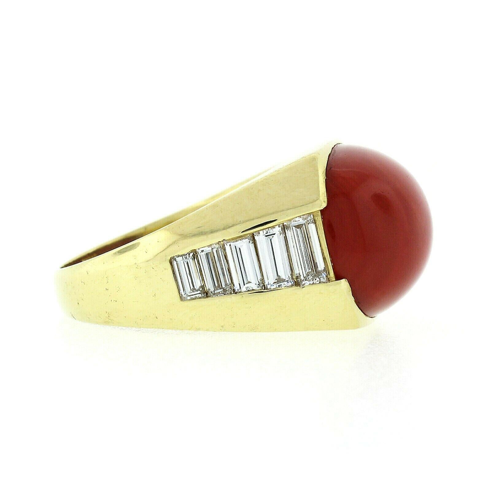 Vintage 18 Karat Gold Fine GIA Cabochon Orangy Red Coral Baguette Diamond Ring In Excellent Condition For Sale In Montclair, NJ