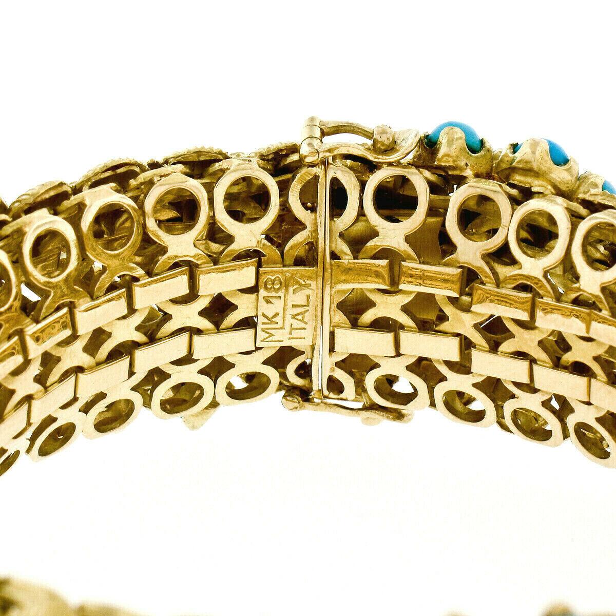 Vintage 18k Yellow Gold Fine Turquoise Square Textured Link Wide Heavy Bracelet 7