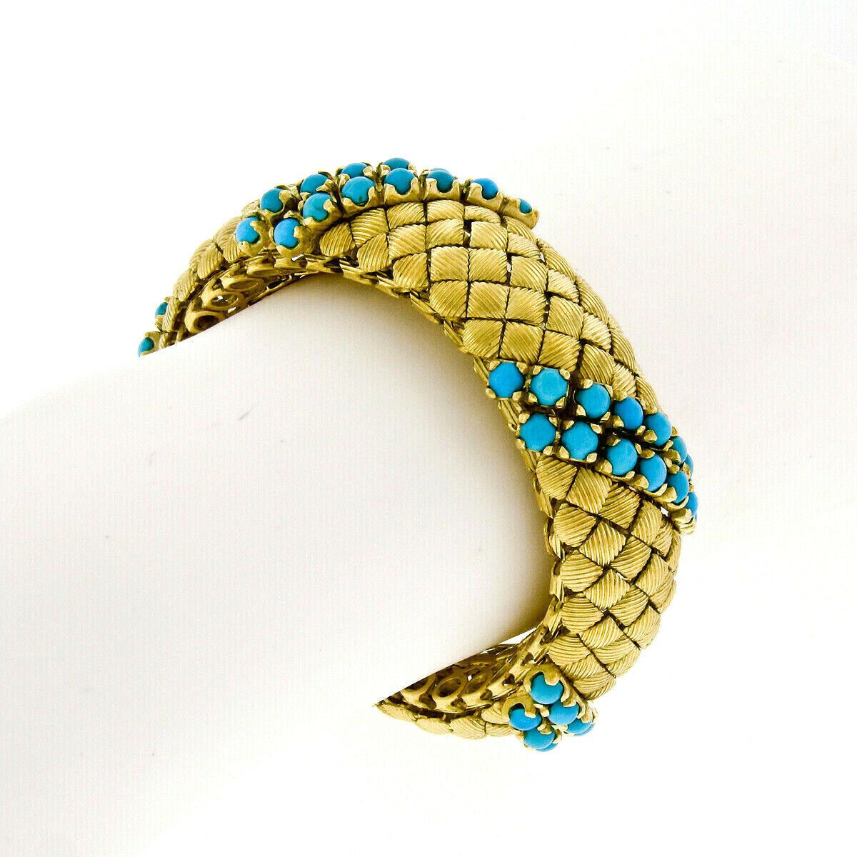 Cabochon Vintage 18k Yellow Gold Fine Turquoise Square Textured Link Wide Heavy Bracelet