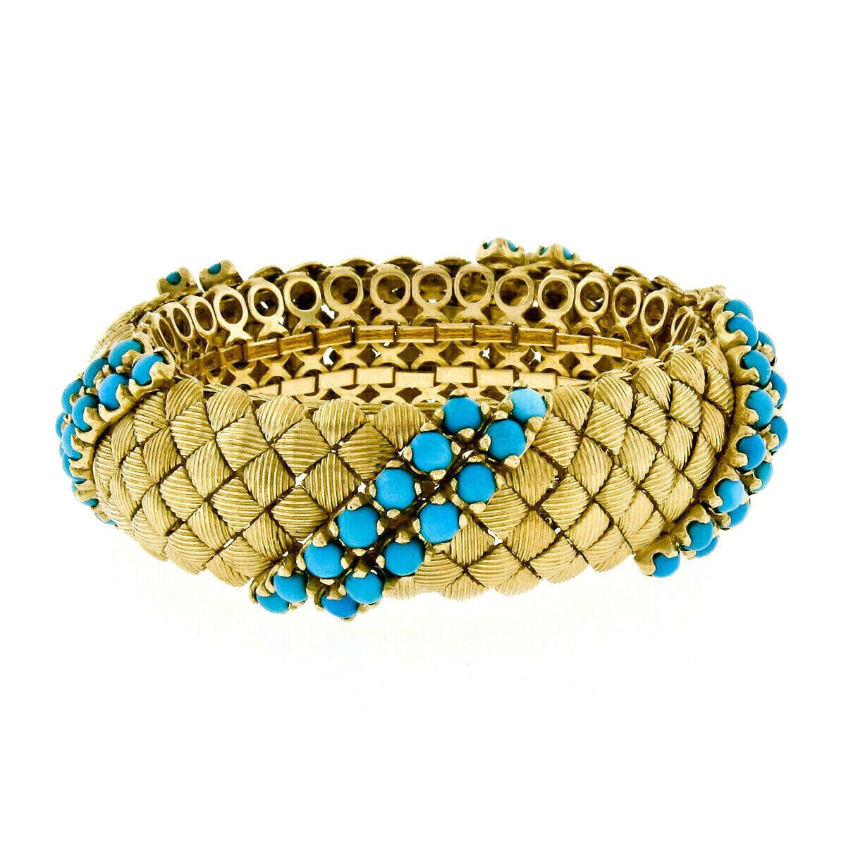 Vintage 18k Yellow Gold Fine Turquoise Square Textured Link Wide Heavy Bracelet In Good Condition In Montclair, NJ