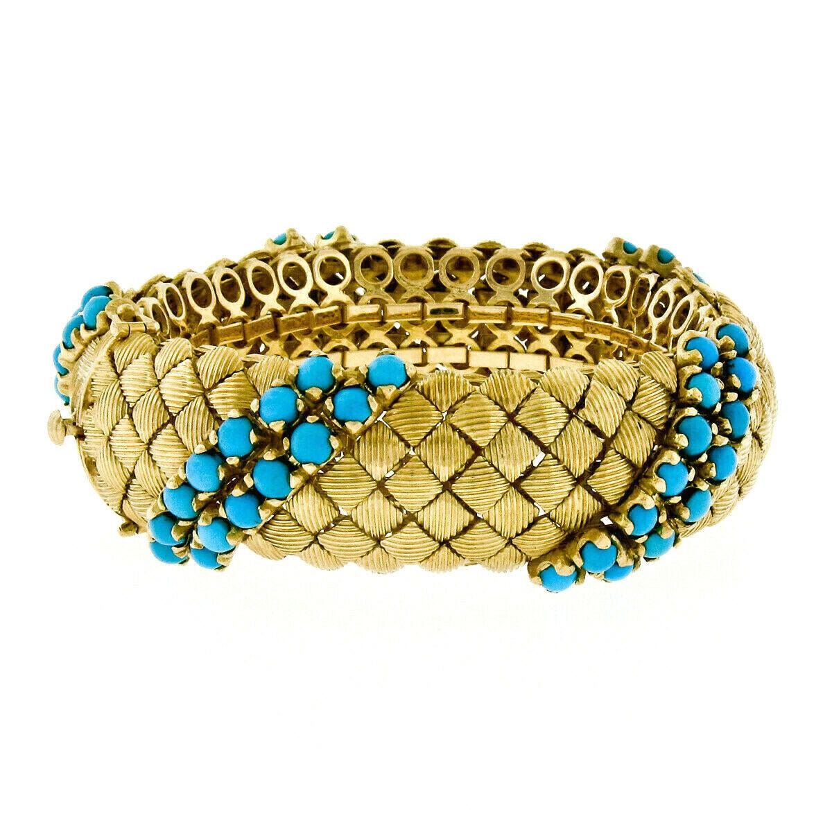 Women's Vintage 18k Yellow Gold Fine Turquoise Square Textured Link Wide Heavy Bracelet
