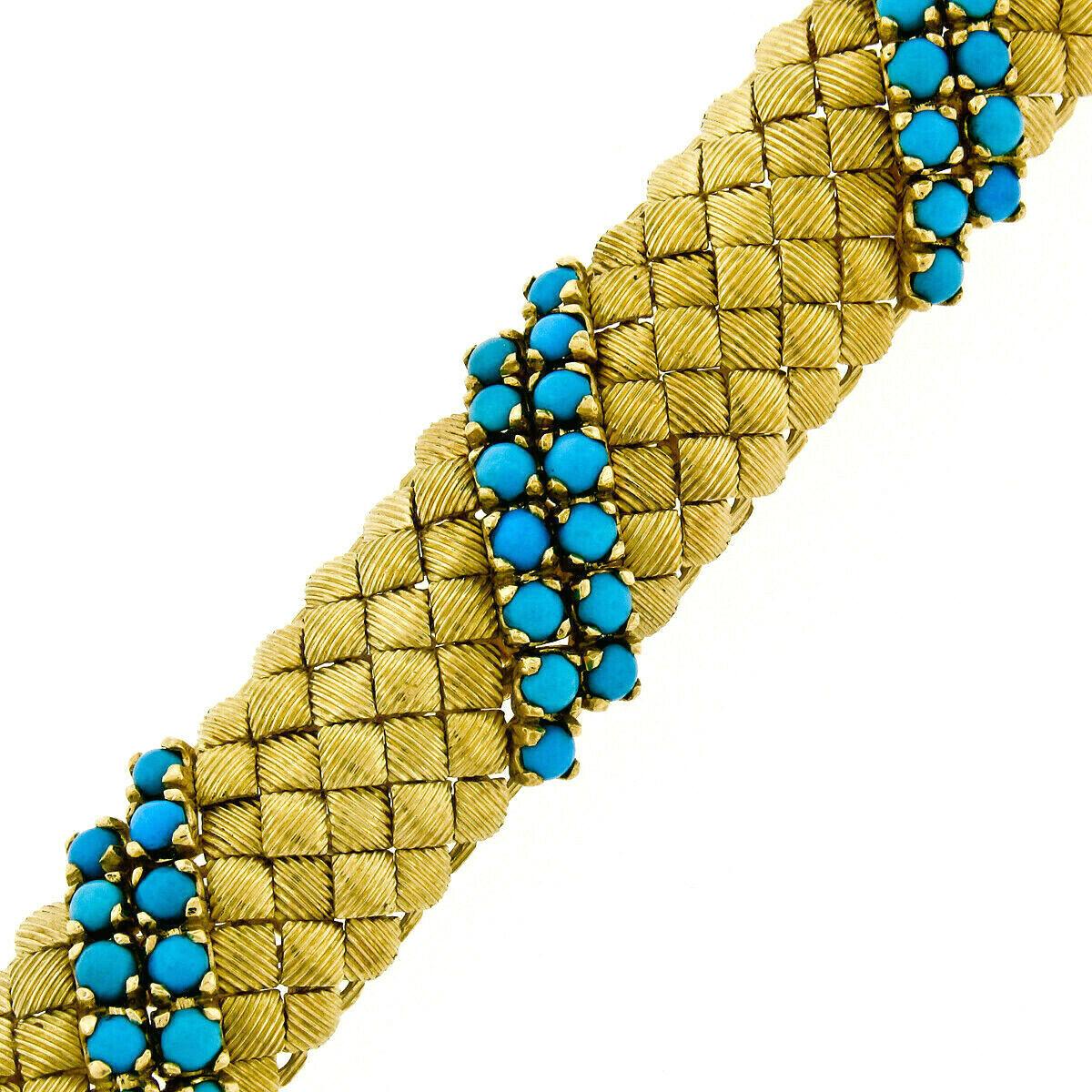 Vintage 18k Yellow Gold Fine Turquoise Square Textured Link Wide Heavy Bracelet 2