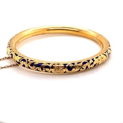 Vintage 18K Yellow Gold Floral Bangle with Blue Enamel