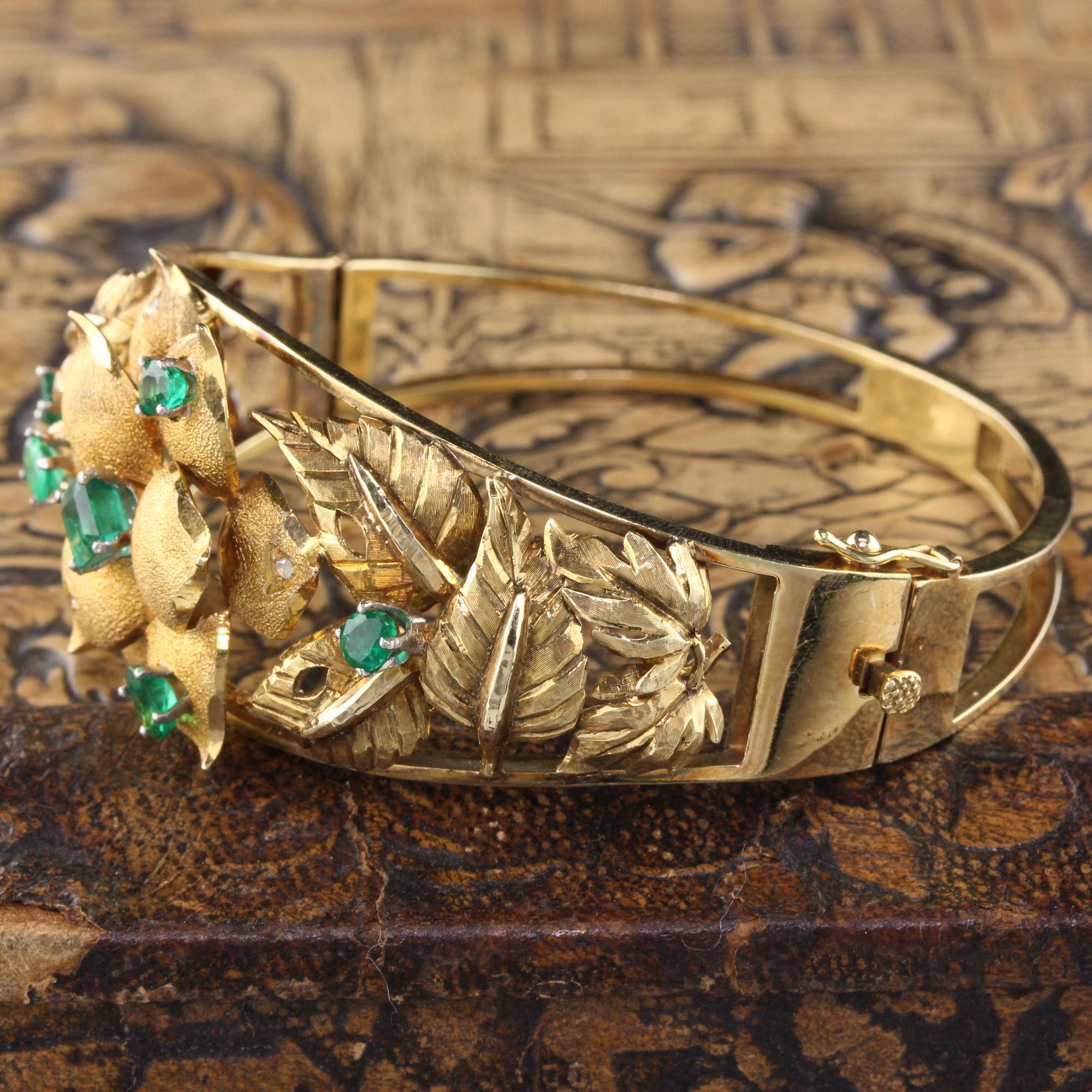 Modern Vintage 18 Karat Yellow Gold Floral Columbian Emerald and Diamond Cuff Bracelet