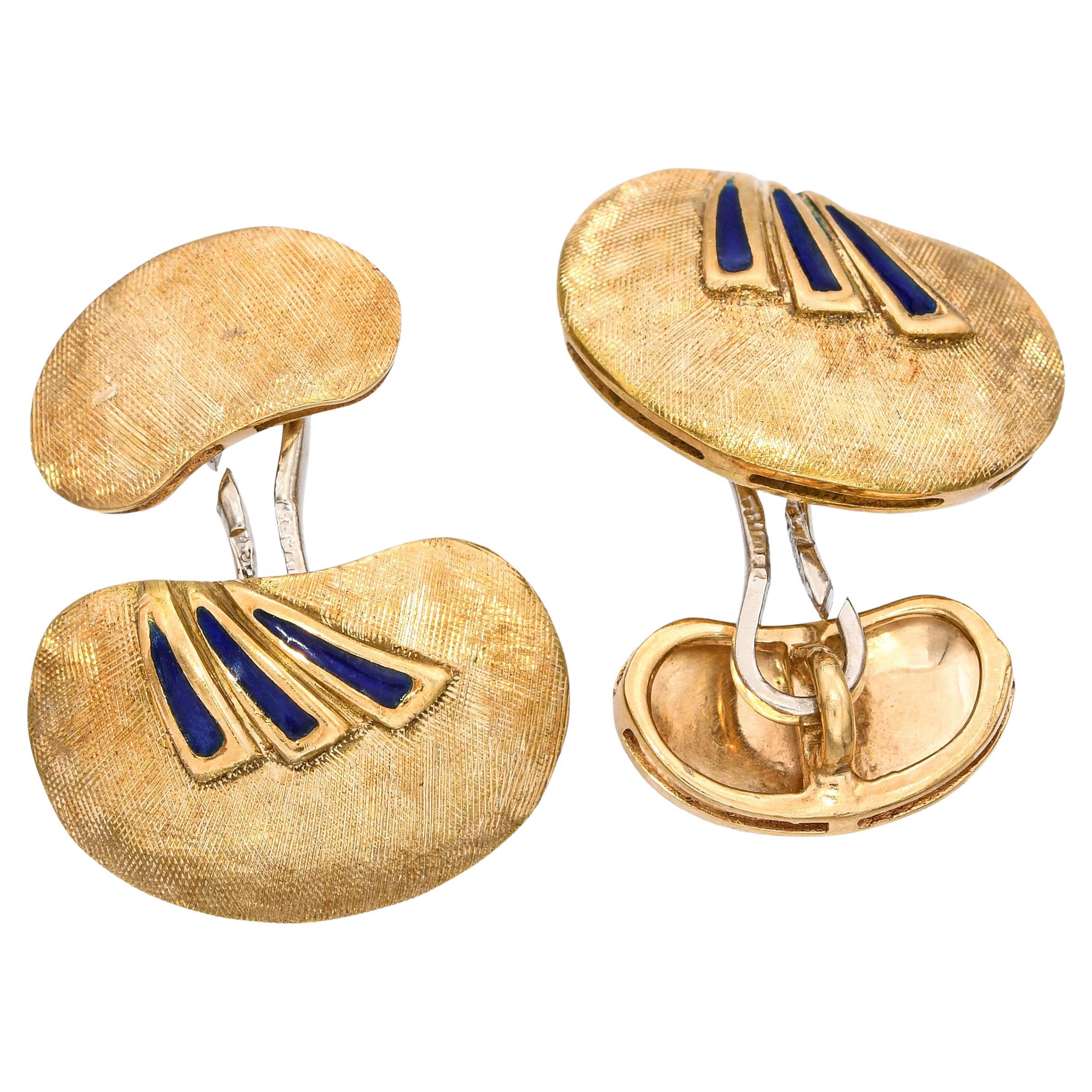 Boutons de manchette Vintage en or jaune 18k Florentine en émail fini