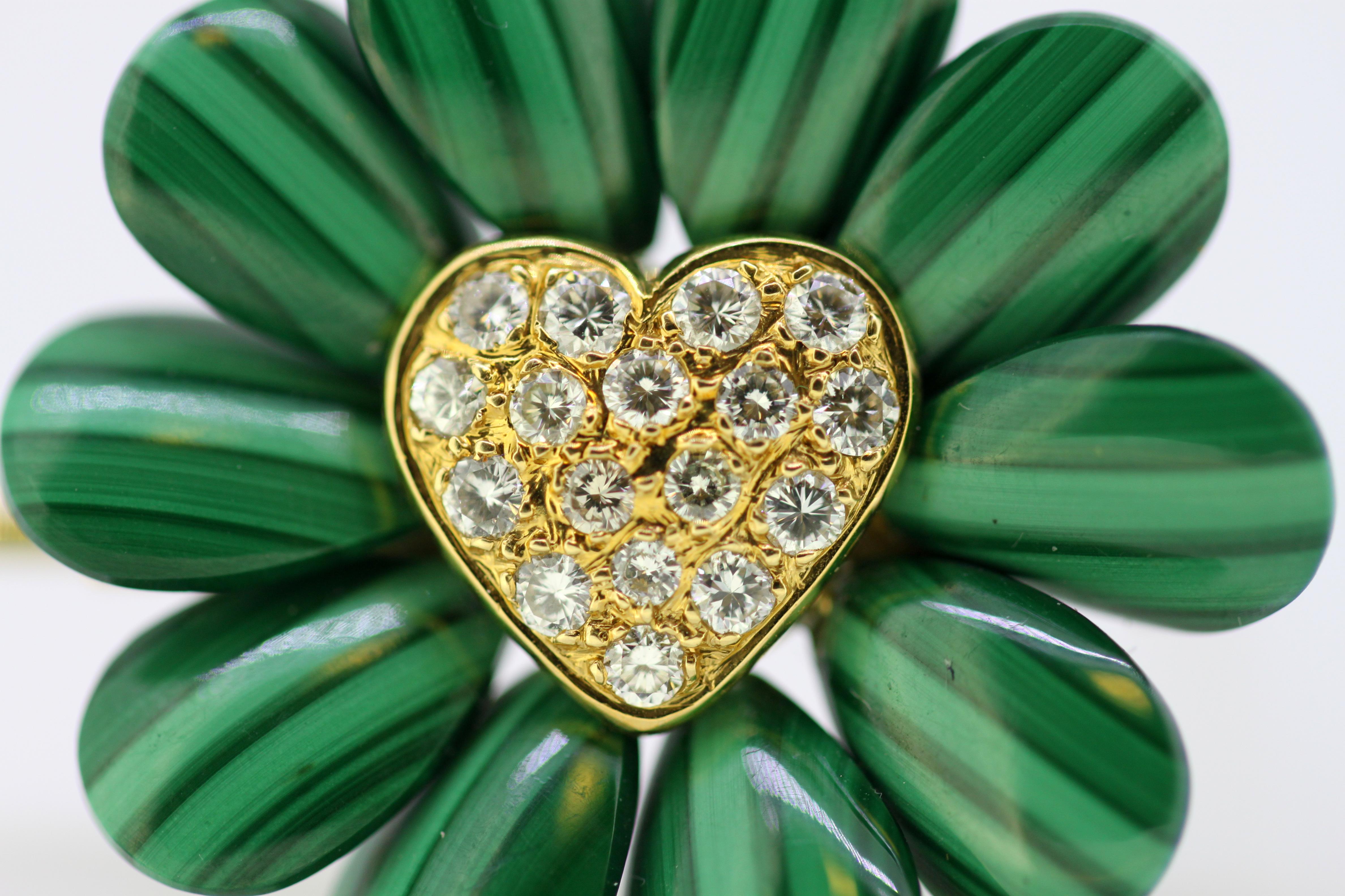 Women's or Men's Vintage 18 Karat Yellow Gold Flower Brooch with Malachite and Diamonds, 1970s