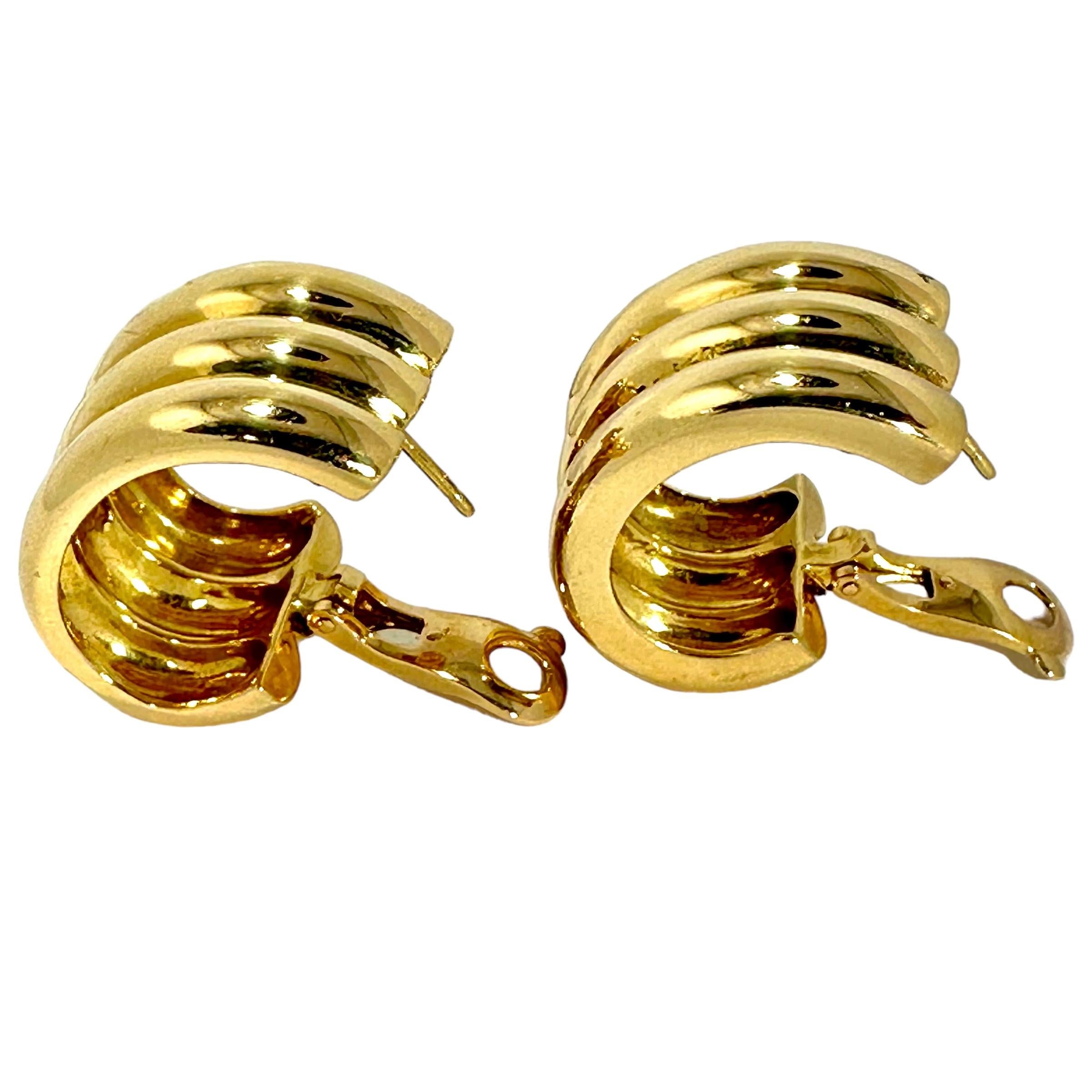 Cartier French, boucles d'oreilles vintage à trois anneaux en or jaune 18 carats d'une largeur de 3/4 pouce  en vente 2