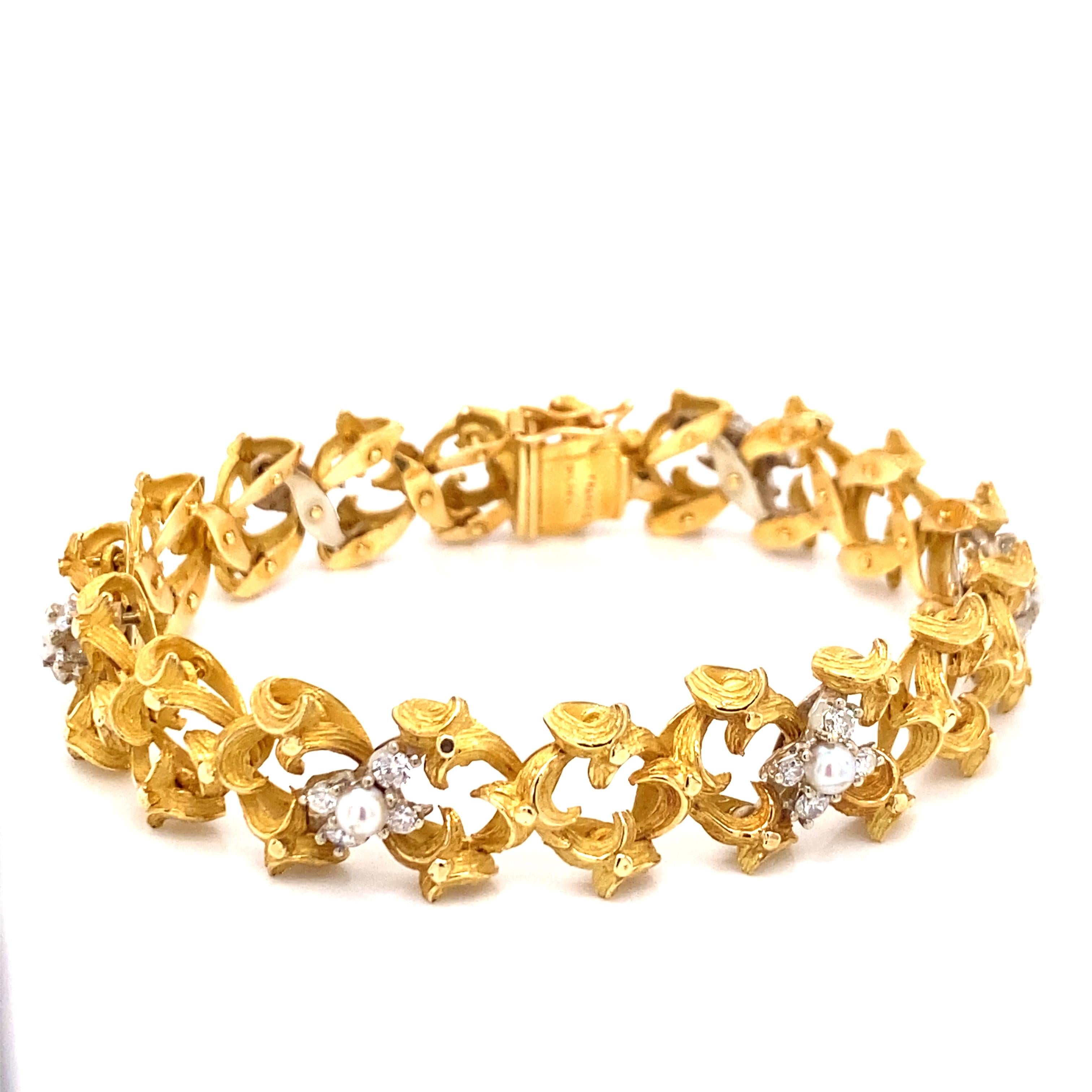 Vintage 18K Yellow Gold French Hand Made Link Bracelet with Diamonds and Pearls - The hand made bracelet contains 6 white gold links with 4 round diamonds in each link with a 3mm pearl in the center. The total diamond weight is approximately .72ct