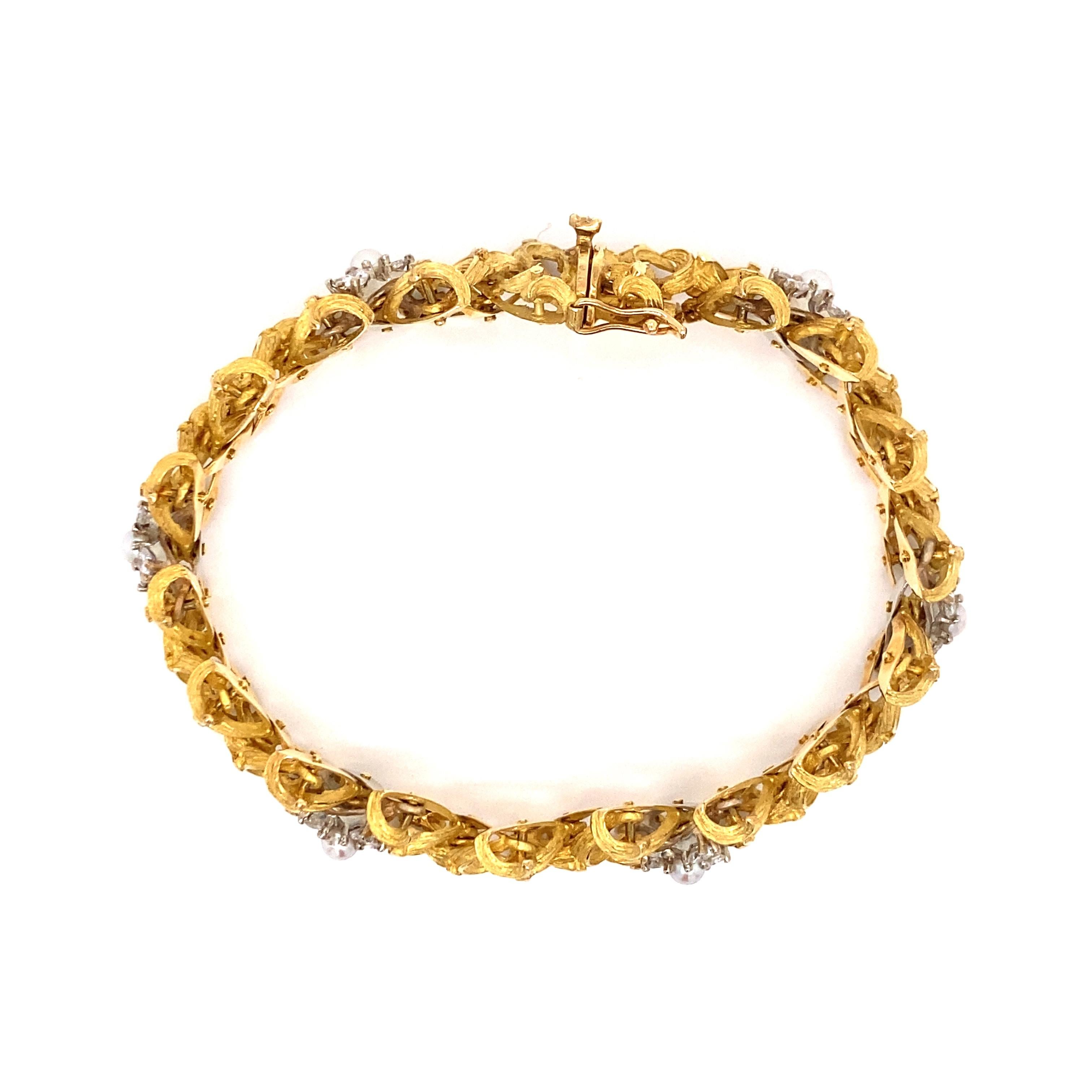 Vintage 18k Yellow Gold French Hand Made Link Bracelet with Diamonds and Pearls For Sale 1