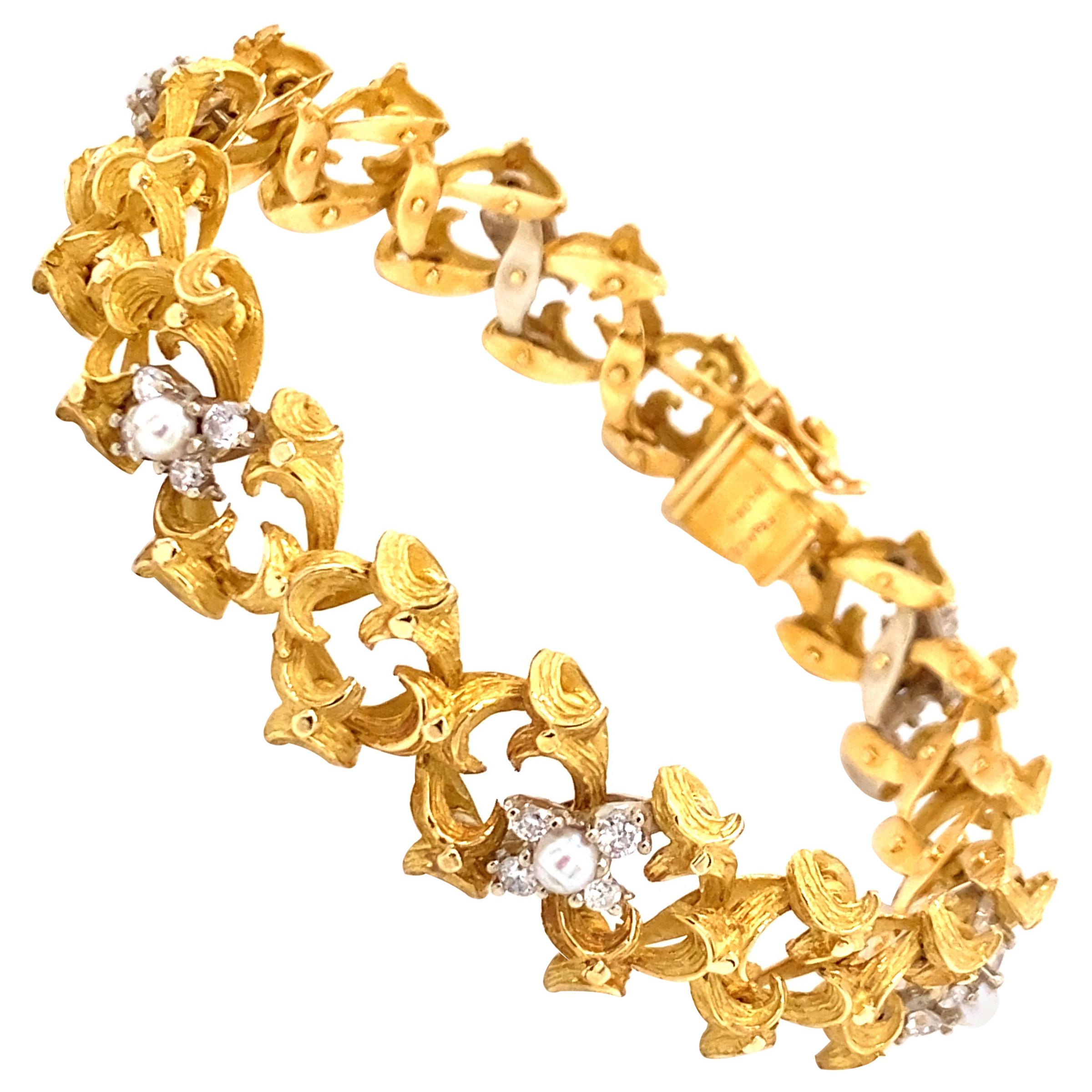 Vintage 18k Yellow Gold French Hand Made Link Bracelet with Diamonds and Pearls For Sale