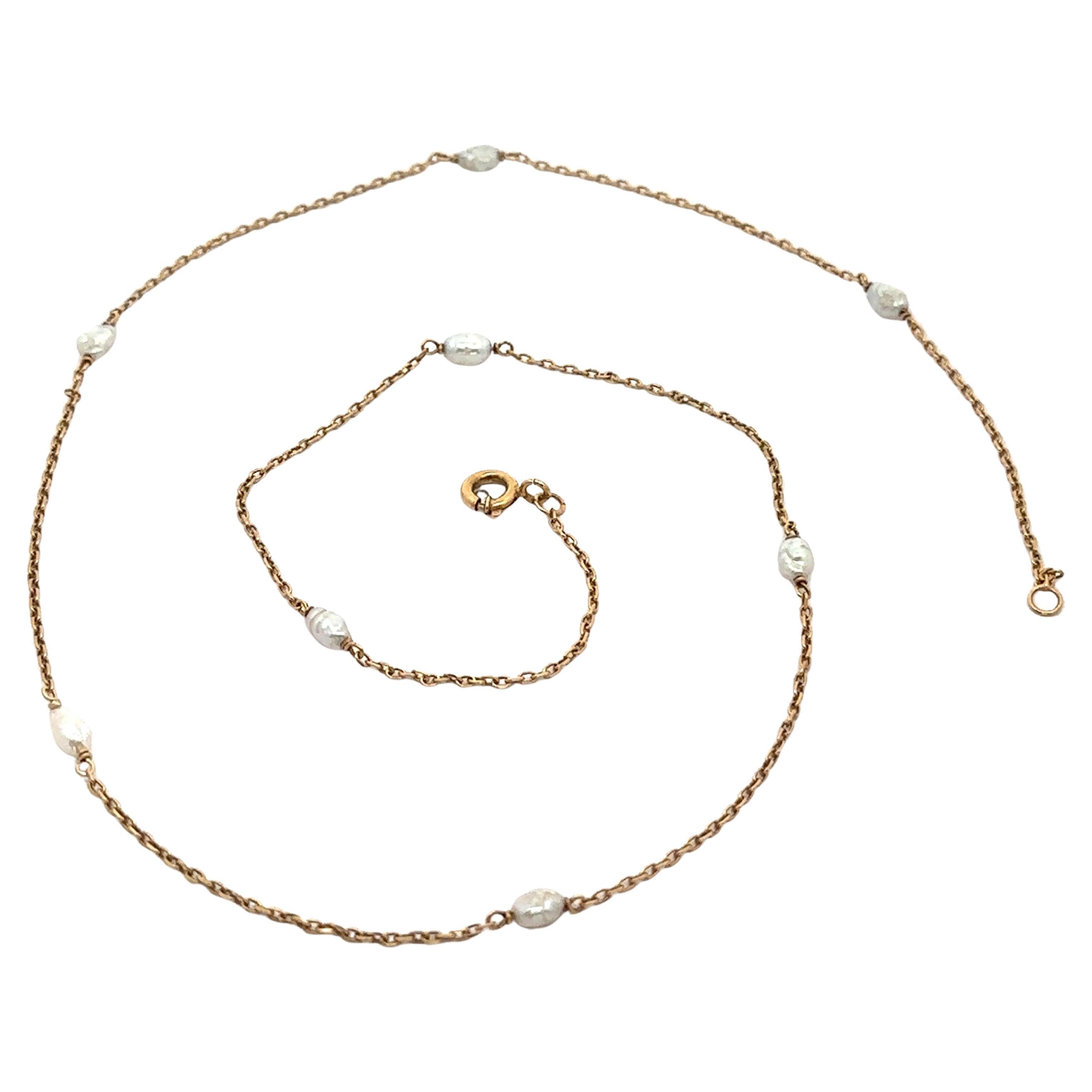 Collana vintage in oro giallo 18 carati con perle d'acqua fresche e cavo a catena A Link