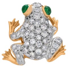 Vintage 18K Yellow Gold Frog Brooch with Diamonds and Cabochon Emeralds Eyes
