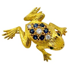 Vintage 18K Yellow Gold Frog Pin w/Diamonds, Sapphires & Emeralds by E. Wolfe