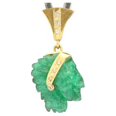 Vintage 18k Yellow Gold GIA 16.91ct Carved Emerald Diamond Indian Head Pendant