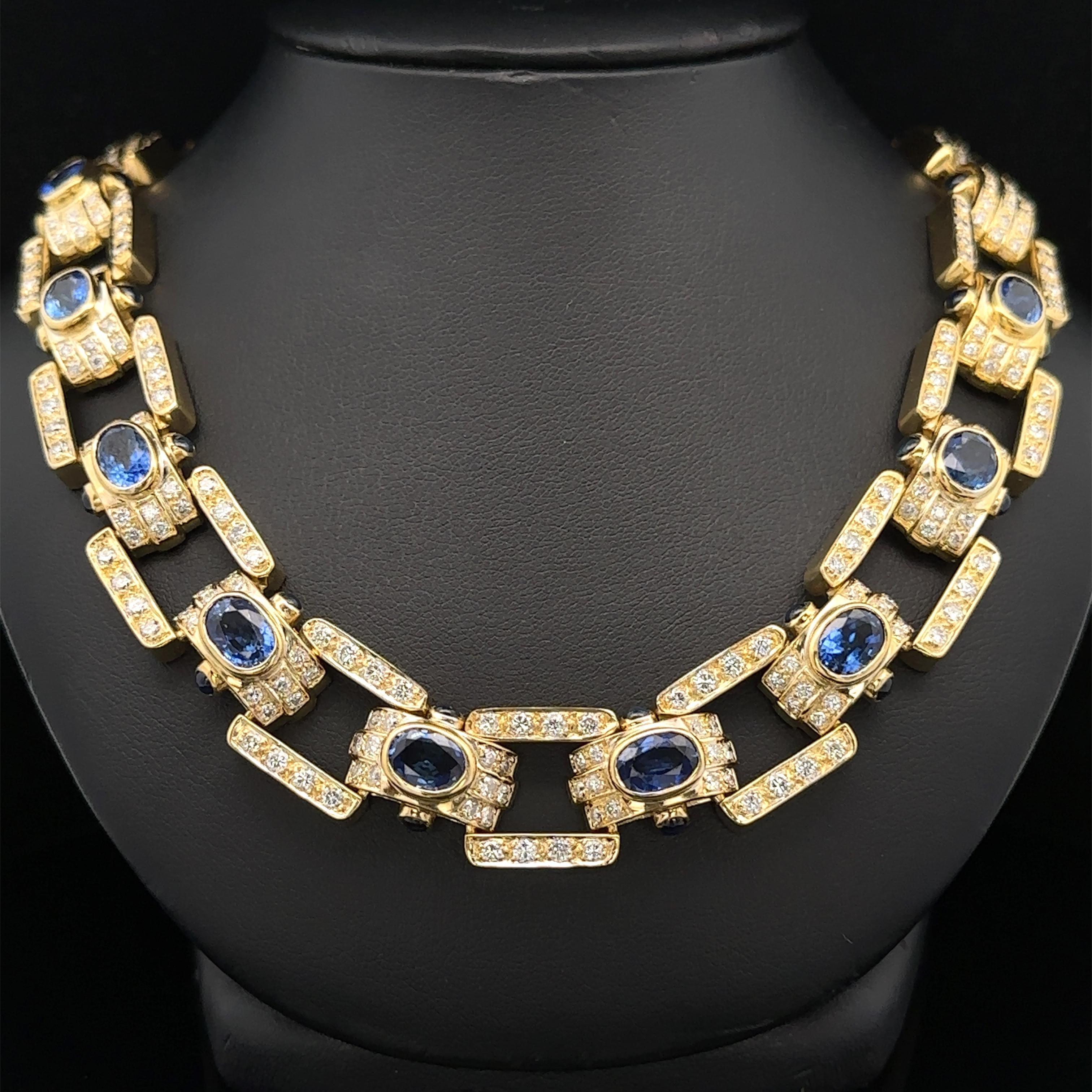 Vintage 18k Gelbgold GIA 27,5ctw Saphir & Diamant breite Erklärung Halskette (Ovalschliff) im Angebot