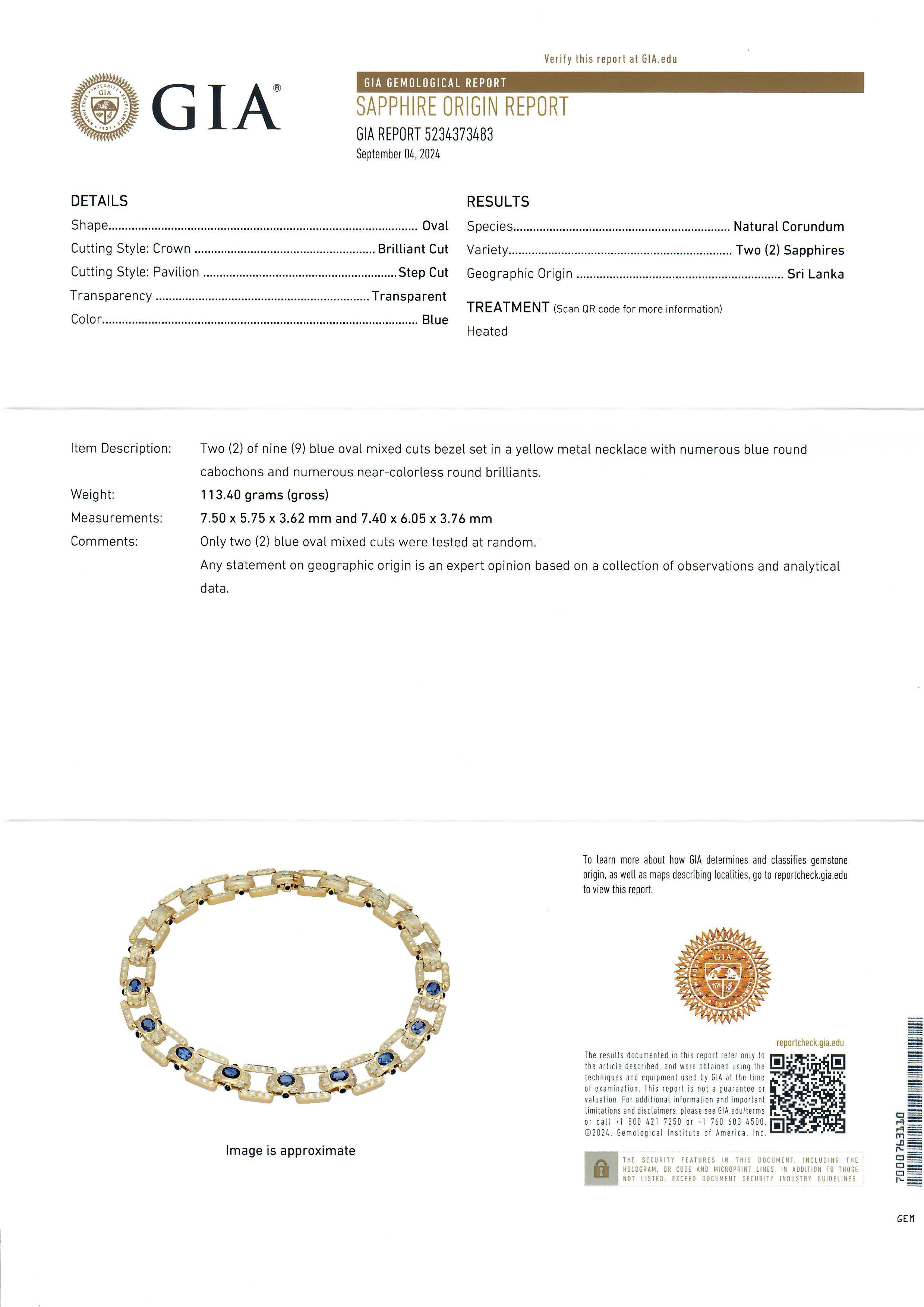 Vintage 18k Gelbgold GIA 27,5ctw Saphir & Diamant breite Erklärung Halskette im Zustand „Hervorragend“ im Angebot in Montclair, NJ