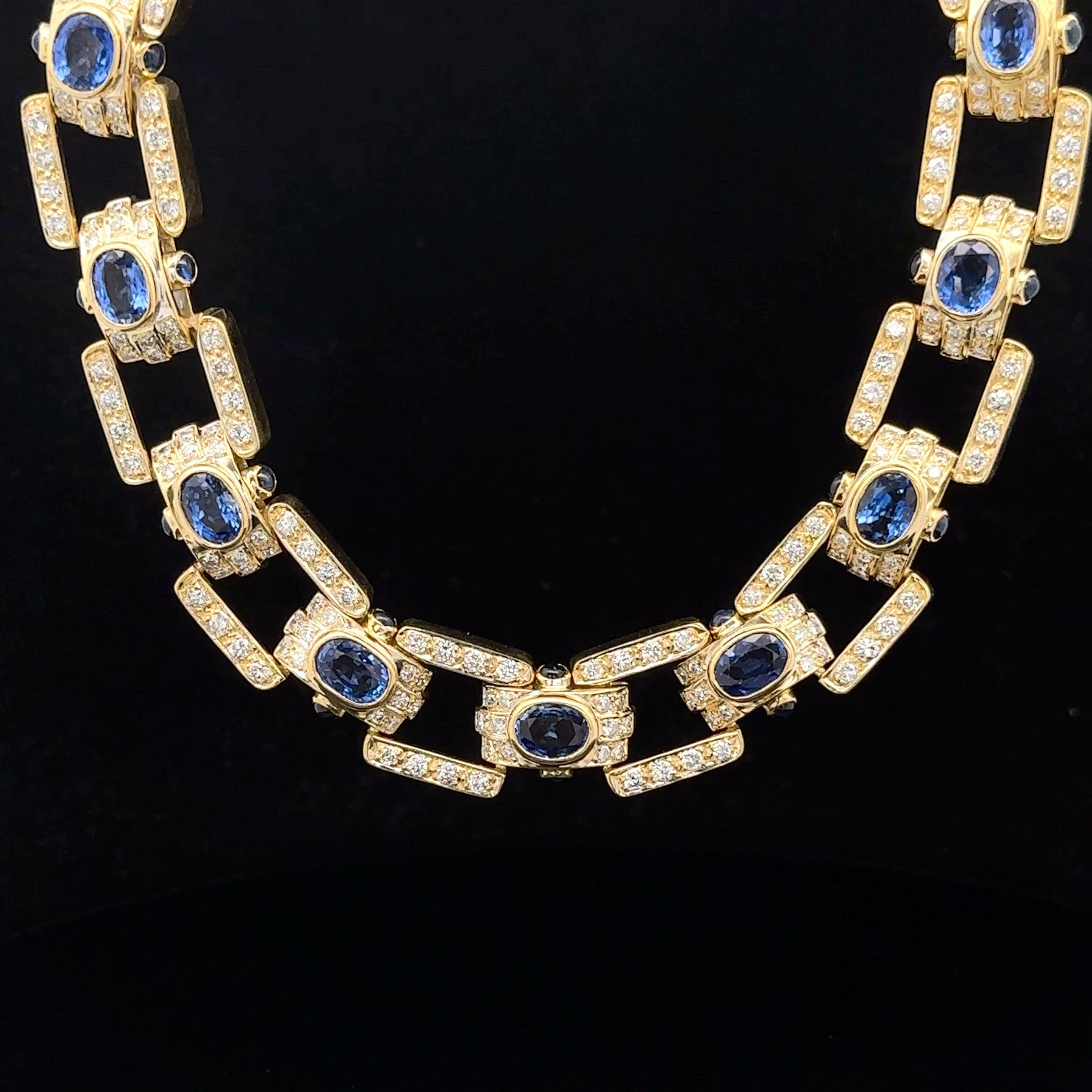 Vintage 18k Gelbgold GIA 27,5ctw Saphir & Diamant breite Erklärung Halskette Damen im Angebot