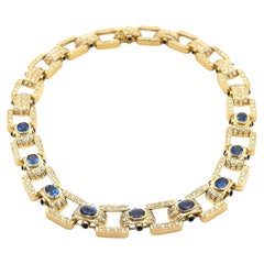 Vintage 18k Yellow Gold GIA 27.5ctw Sapphire & Diamond Wide Statement Necklace